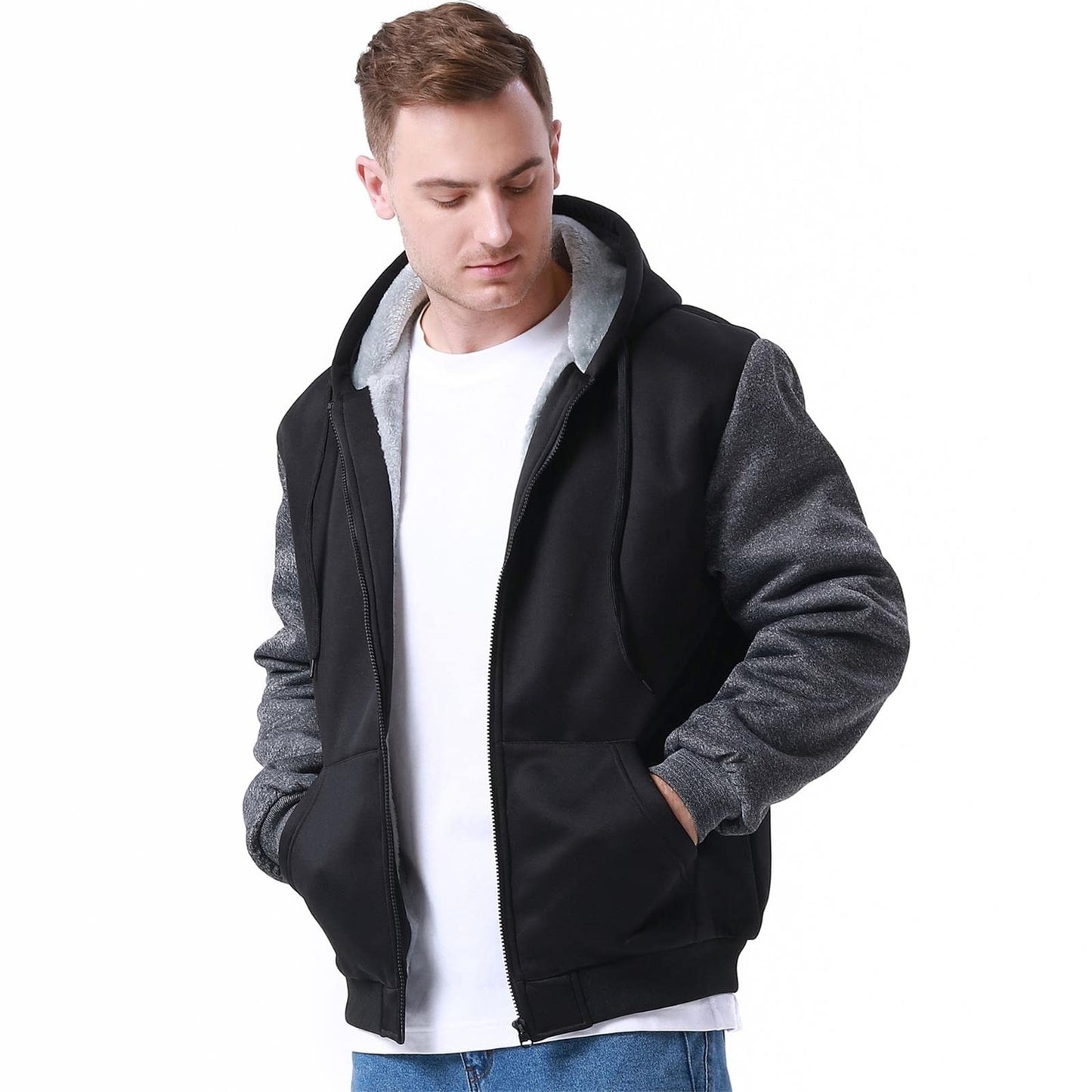 Hoodies for Men Full Zip Up Fleece Warm Jackets Thick Coats Heavyweight Sweatershirts Kangaroo Pockets Black/Grey L