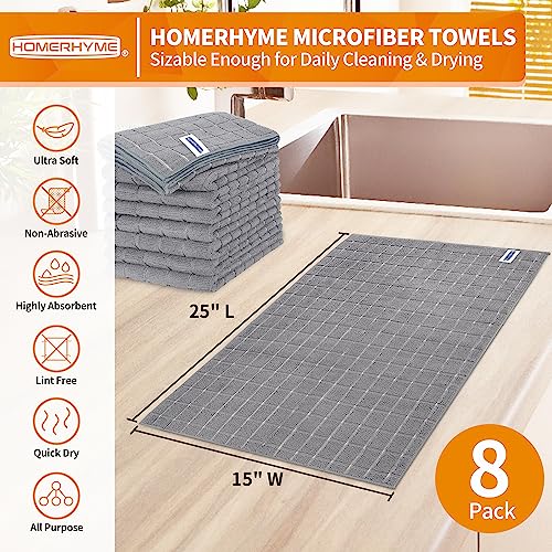 HOMERHYME Kitchen Towels, 8 Pack Microfiber Dish Towels Kitchen Washcloth, 270 GSM Grey All-Purpose Quick Dry Reusable Lint Free & Absorbent Tea Towels for Kitchen, Bar, Shop & Hotel 25'' x 15''
