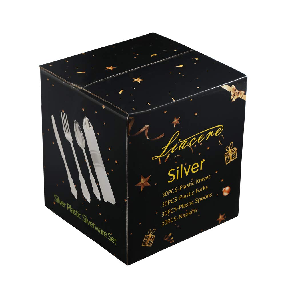 Liacere 30 Pack Silver Plastic Silverware Set with Pre Rolled Napkins - Heavy Duty Disposable Silver Plastic Utensils - Include 90PCS Silver Plastic Cutlery, 30Napkins for Wedding & Party