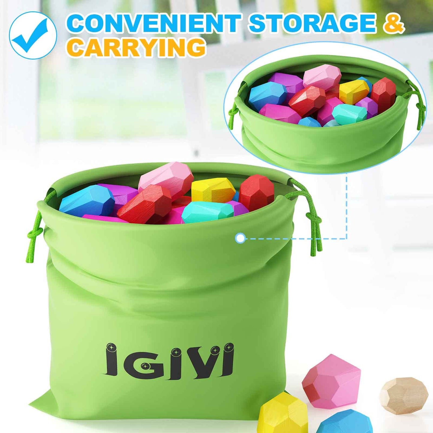 IGIVI Montessori Toys Rainbow Wooden Stacking Rock Set - 42 Natural Wood Blocks - Early Learning Sensory Toys for Toddlers - Birthday Gifts Toys for 2-4 Year Old Boys & Girls