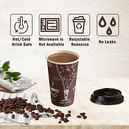 Lamosi 16 oz Coffee Cups with Lids,Sleeves -100 Pack Disposable Coffee Cups To Go Insulation Coffee Cups for Shops, Cafes, and Hot/Cold Drink(Dark Brown)
