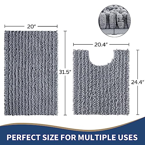 Yimobra Luxury Bathroom Rugs Sets 2 Piece, Soft U-Shaped Contour Toilet Rug and Fluffy Chenille Bath Rug, Non-Slip Absorbent Bath Floor Mat Carpet Set, Machine Washable, 31x20+24x20 Inch Grey
