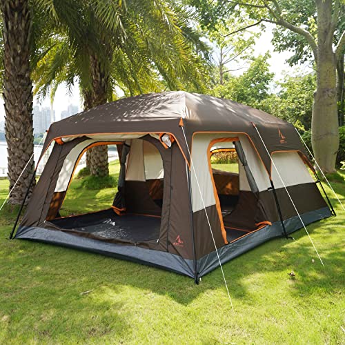 KTT Extra Large Tent 10-12 Person(B), Cabin Tents with 2 Rooms, Straight Wall, 3 Doors and 3 Windows with Mesh, Waterproof, Double Layer - Big for Outdoor Camping, Picnic, Family Gathering (Brown).