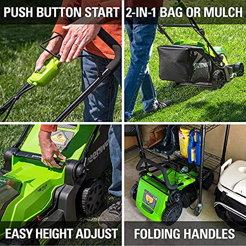 Greenworks 48V 17" Brushless Cordless Lawn Mower + 24V Brushless Drill / Driver, (2) 4.0Ah USB Batteries (USB Hub) and Dual Port Rapid Charger Included (2 x 24V)