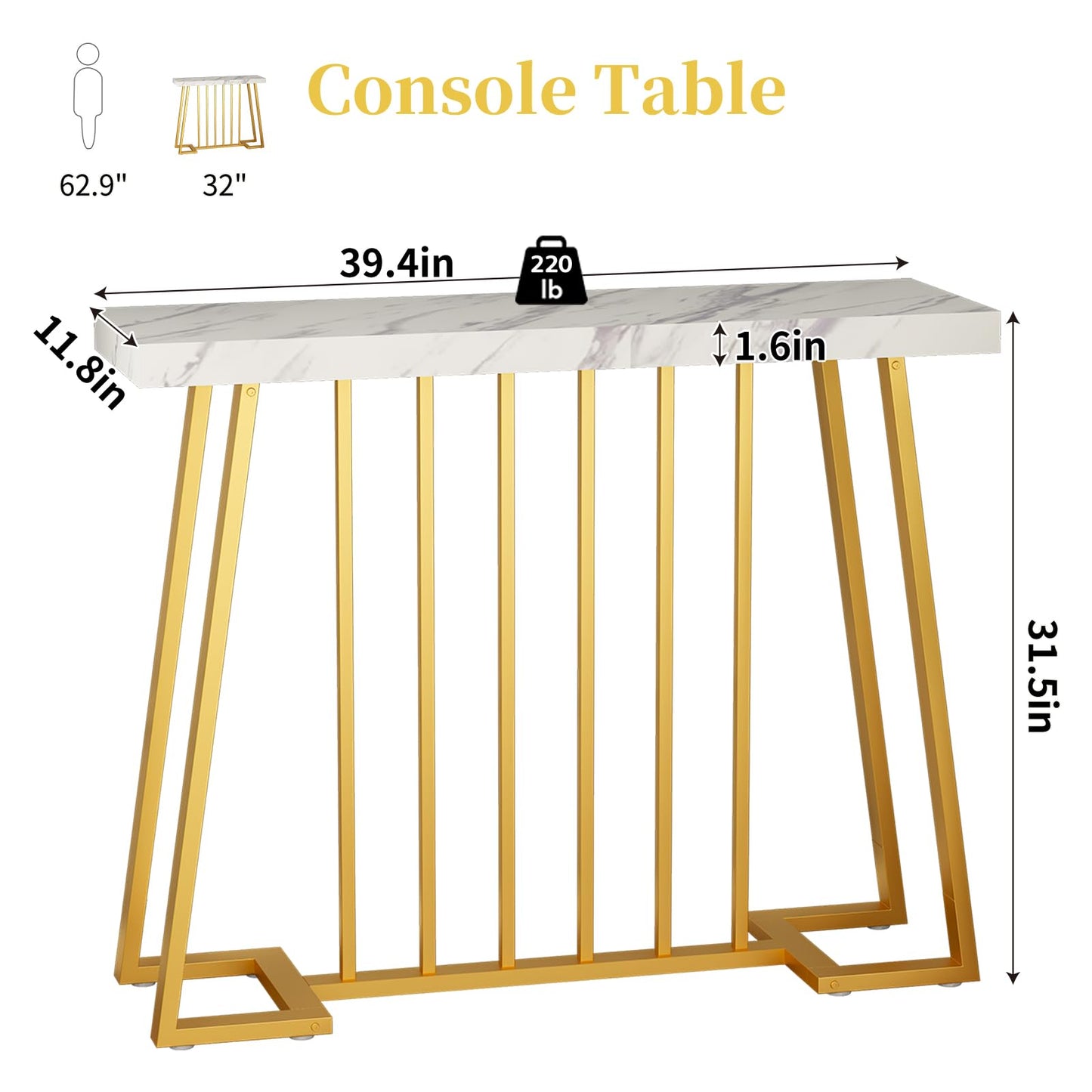 HDDDZSW Gold Entryway Table, Modern 40 inch Faux Marble Narrow Sofa Table Entry Way Table with Geometric Metal Legs for Living Room, Console Tables for Entryway, Hallyway, Entrance