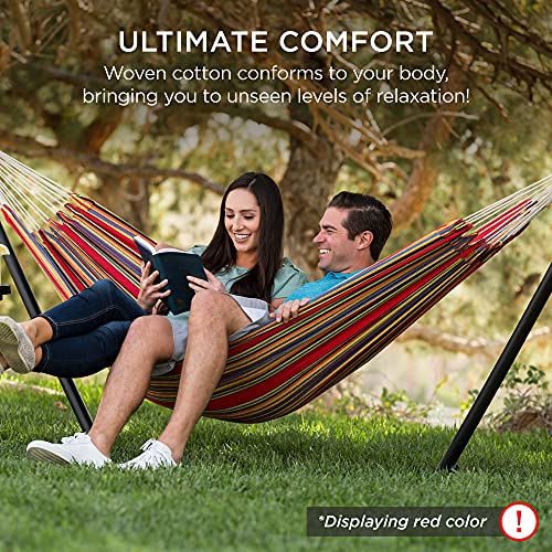 Best Choice Products 2-Person Double Hammock with Stand Set, Indoor Outdoor Brazilian-Style Cotton Bed for Backyard, Camping, Patio w/Carrying Bag, Steel Stand, 450lb Weight Capacity - Steel