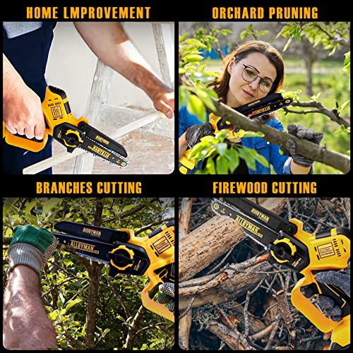 ALLOYMAN Mini Chainsaw 6-Inch Cordless | 26.2ft/s chain speed | Upgrade 775 Powerful motor | Tool Free Bar and Chain Adjustments | Handheld Small Chainsaw for Wood Cutting Tree Trimming