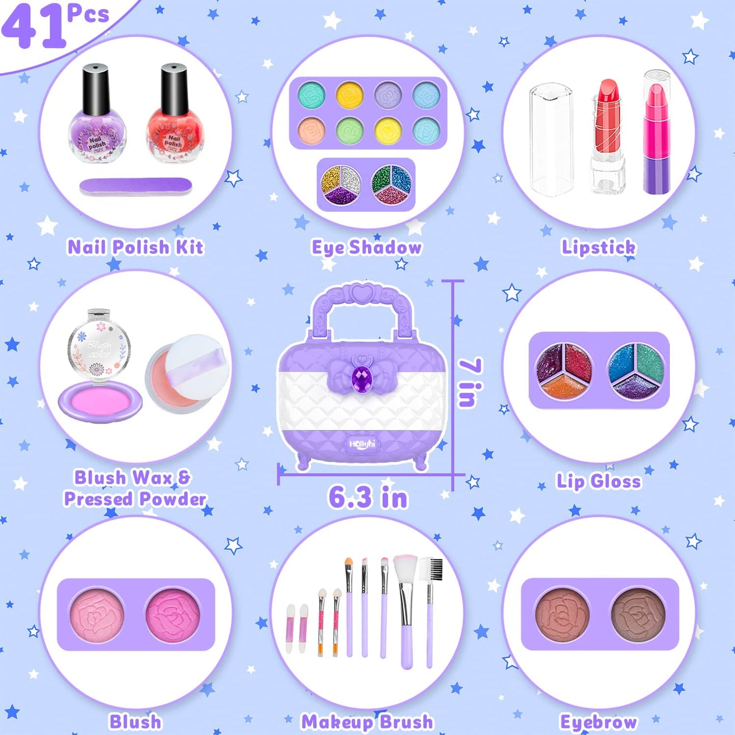 Hollyhi Kids Makeup Kit for Girl, Washable Makeup Set Toy with Real Cosmetic Case for Little Girl, Pretend Play Makeup Beauty Set Birthday Toys Gift for 3 4 5 6 7 8 9 10 Years Old Kid (Purple)