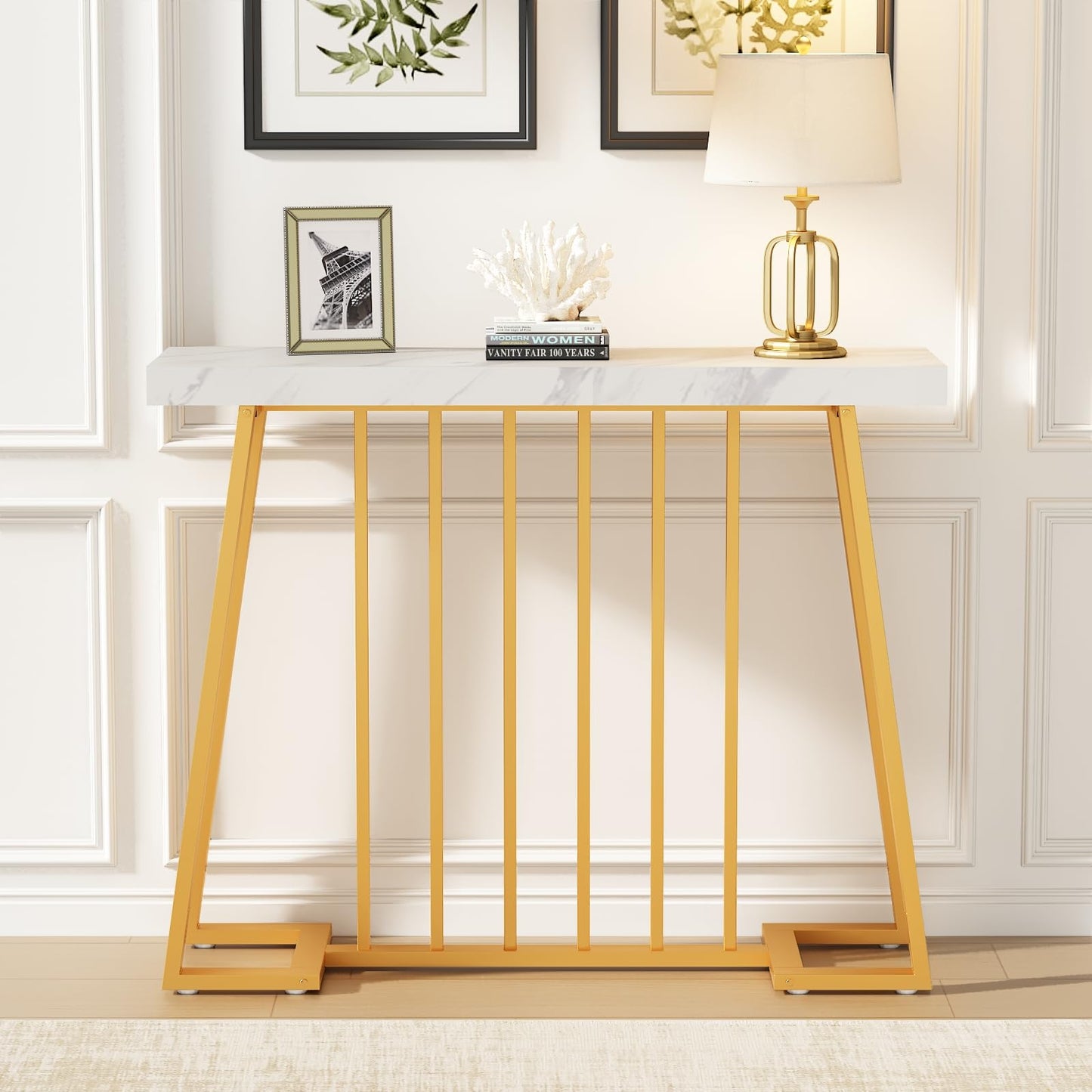 HDDDZSW Gold Entryway Table, Modern 40 inch Faux Marble Narrow Sofa Table Entry Way Table with Geometric Metal Legs for Living Room, Console Tables for Entryway, Hallyway, Entrance