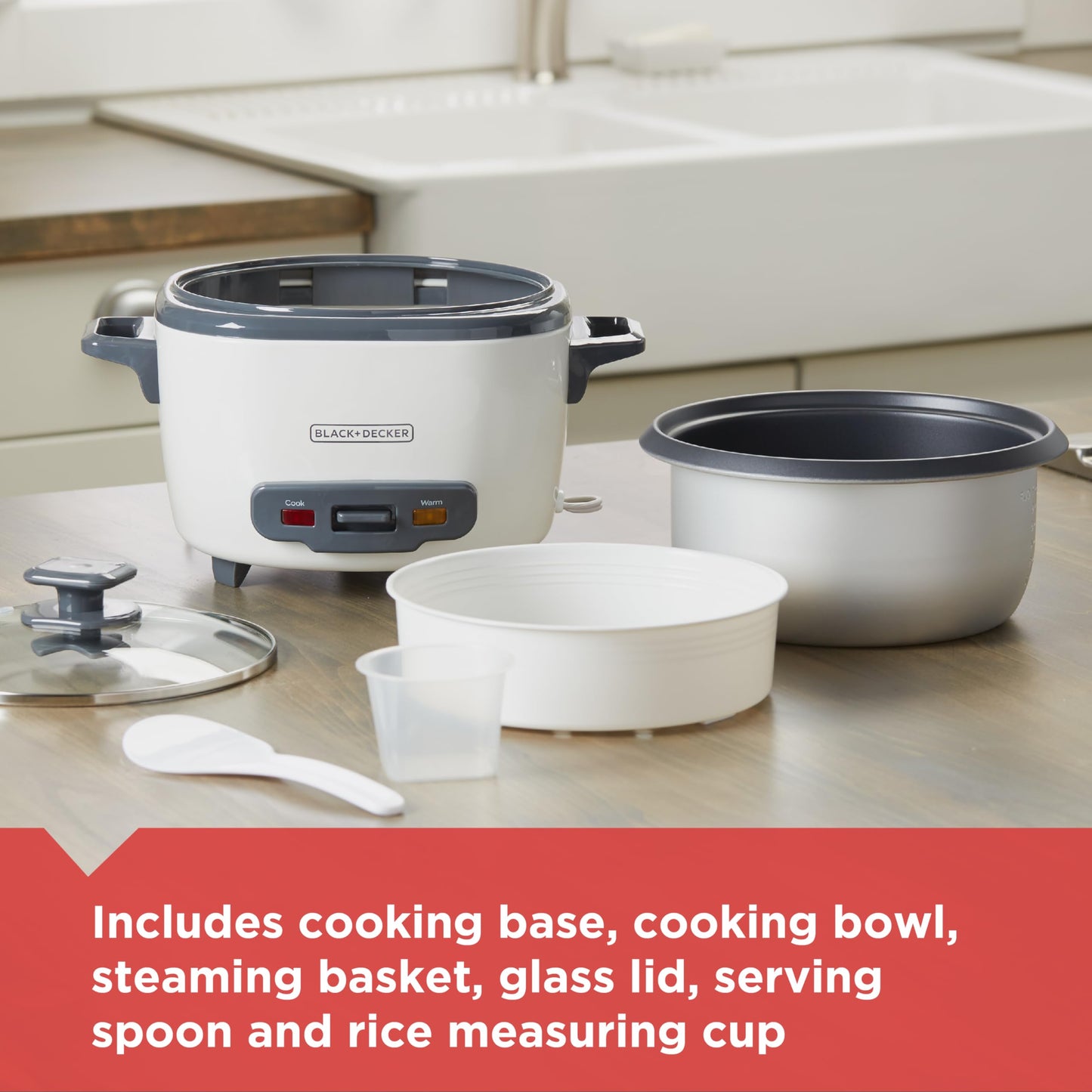 BLACK+DECKER Rice Cooker 3 Cups Cooked (1.5 Cups Uncooked) with Steaming Basket, Removable Non-Stick Bowl, White