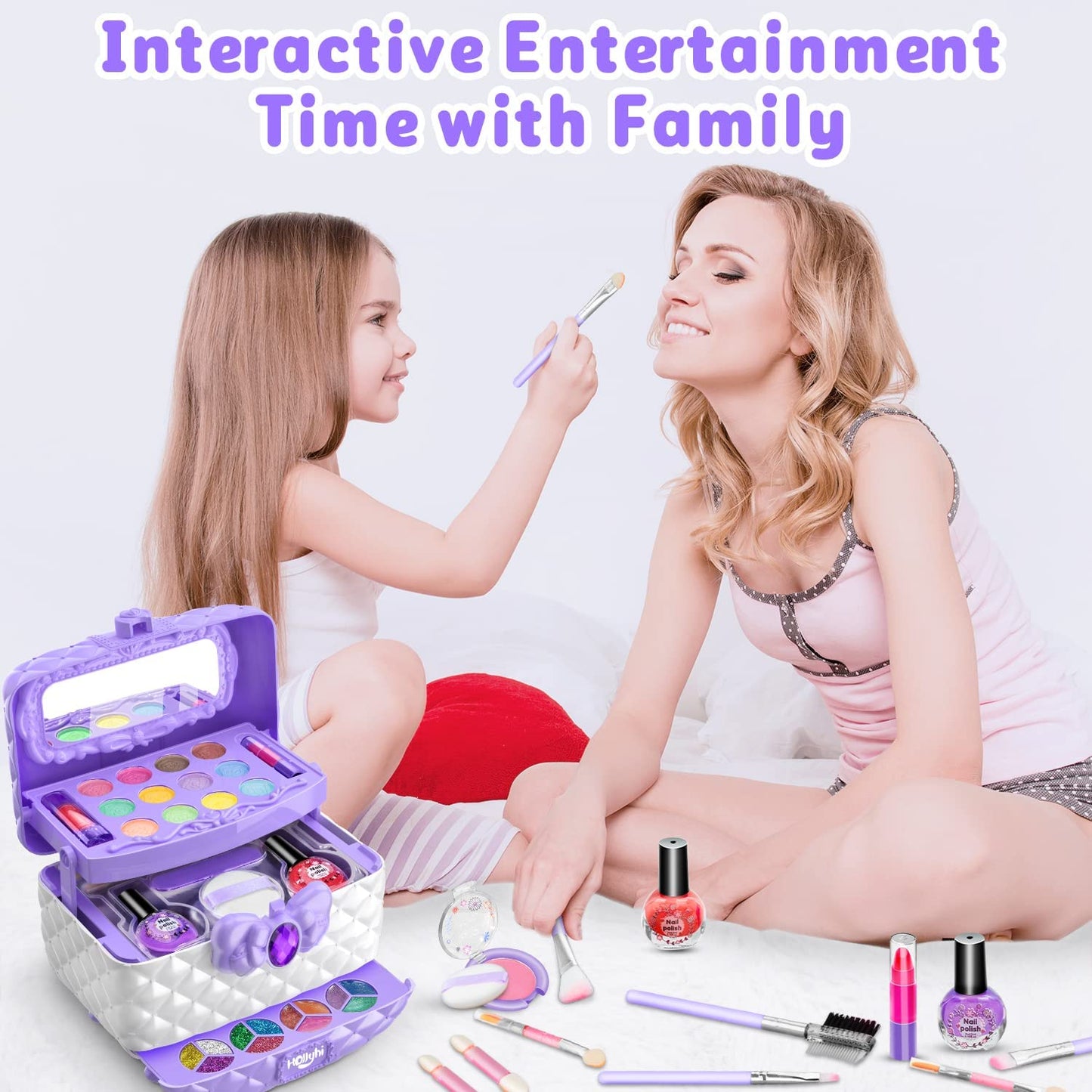 Hollyhi Kids Makeup Kit for Girl, Washable Makeup Set Toy with Real Cosmetic Case for Little Girl, Pretend Play Makeup Beauty Set Birthday Toys Gift for 3 4 5 6 7 8 9 10 Years Old Kid (Purple)