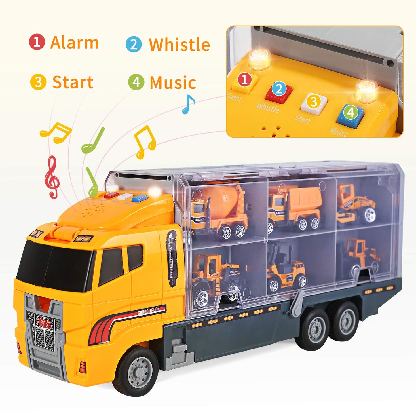 CUTE STONE 25 in 1 Construction Trucks Push and Go Car Carrier Truck Toy, Play Vehicles with Sounds and Lights, 12 Mini Diecast Trucks Included