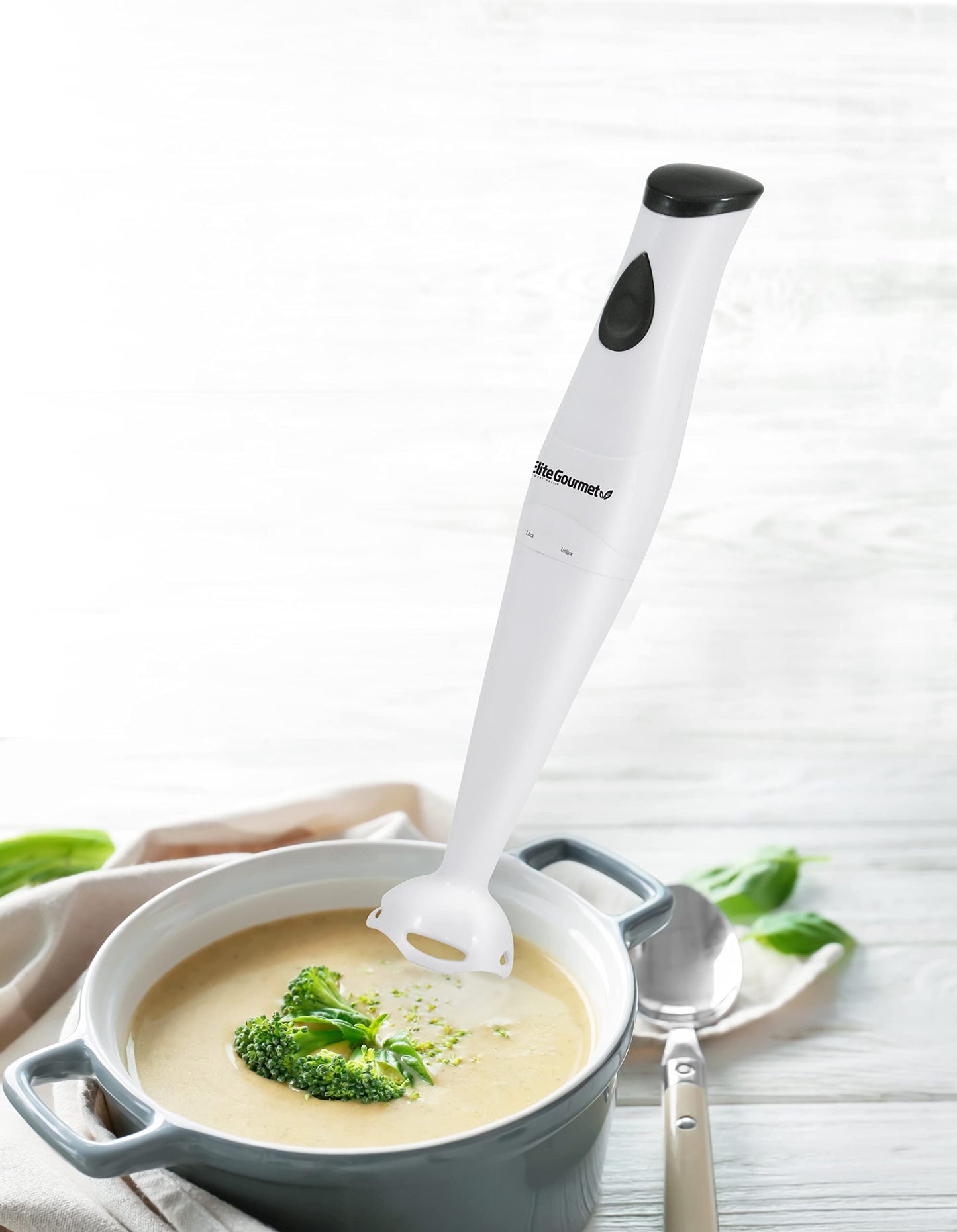 Elite Gourmet EHB-2425X Electric Immersion Hand Blender, Mixer, Chopper, 1-Touch Control Multi Purpose Electric Immersion Stick, Mixer, Chopper, 150 Watts, For Soups, Sauces, Baby Food, White