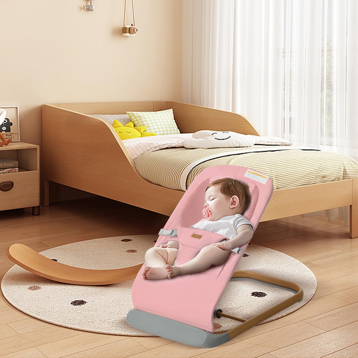 AMKE CooCon Baby Bouncer,Ergonomic Bouncer Seat for Babies with 3 Recline Positions,Portable Newborn Bouncer Seat, Mesh Design Bouncers for Infants,Pink