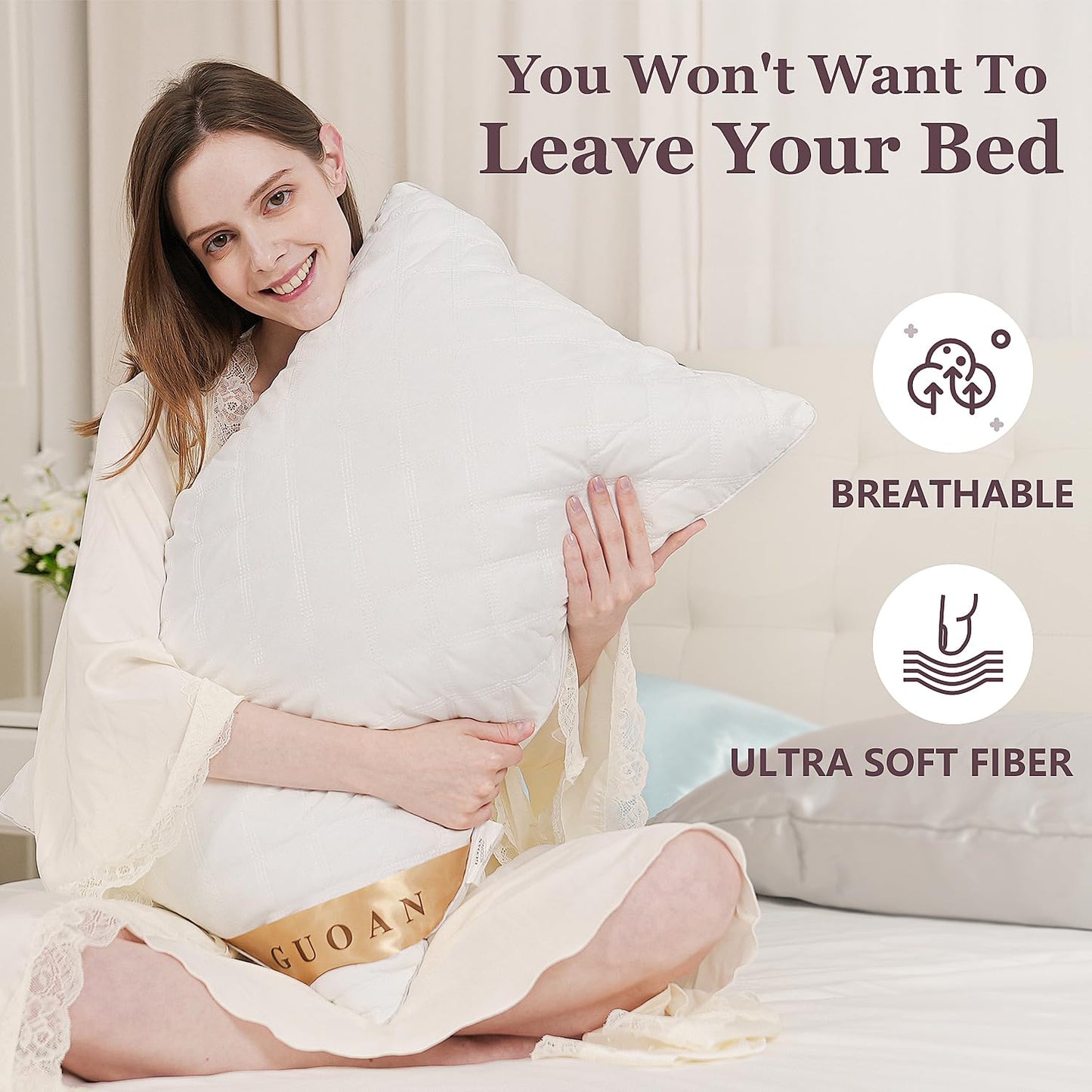 GUOAN Bed Pillows Include 2 Silk Pillowcases Queen King Size, Set of 2, Cooling Hotel Pillow Quality, for Back, Stomach or Side Sleepers (Queen, White)