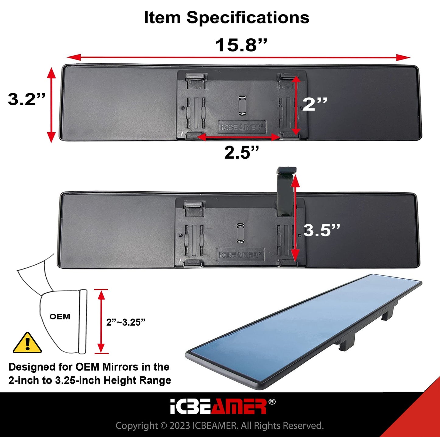 ICBEAMER 15.8 Inch Car Rearview Mirror, Panoramic Wide Angle, HD Blue Tint Glass, Interior Clip On Flat Car Mirror, Anti Glare, Automotive Accessories, Universal for Truck, Car, SUV, Pack of 1