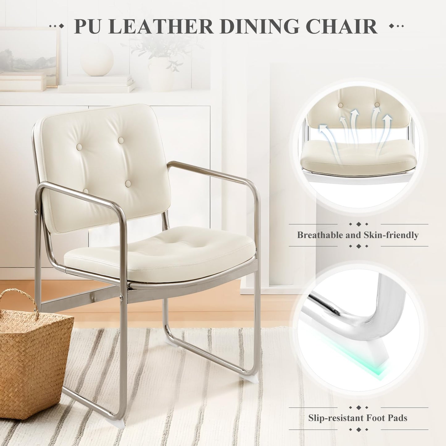 COLAMY Modern Dining Chairs Set of 2, Button Tufted PU Leather Upholstered Dining Room Kitchen Side Chair with Metal Legs for Home/Living Room/Bedroom/Office, Beige