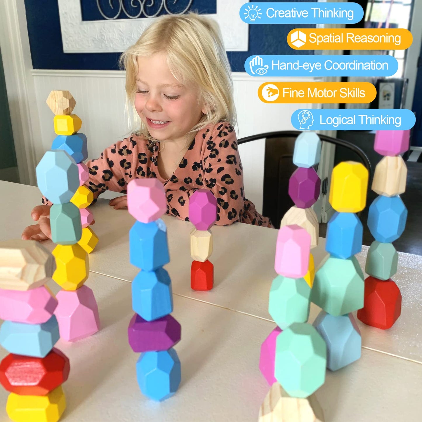 IGIVI Montessori Toys Rainbow Wooden Stacking Rock Set - 42 Natural Wood Blocks - Early Learning Sensory Toys for Toddlers - Birthday Gifts Toys for 2-4 Year Old Boys & Girls