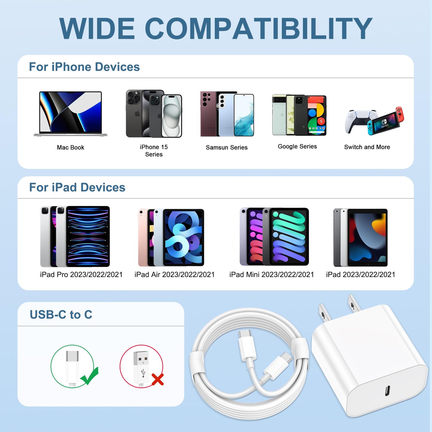 iPhone 15 Charger, Fast iPad Charger 2Pack 20W USB C Charger Block with USB C to USBC Cable 6FT for iPhone 15/15 Plus/15 Pro/15 Pro Max, iPad 10th, iPad 11/12.9 inch, iPad Air 4/5th, iPad Mini 6