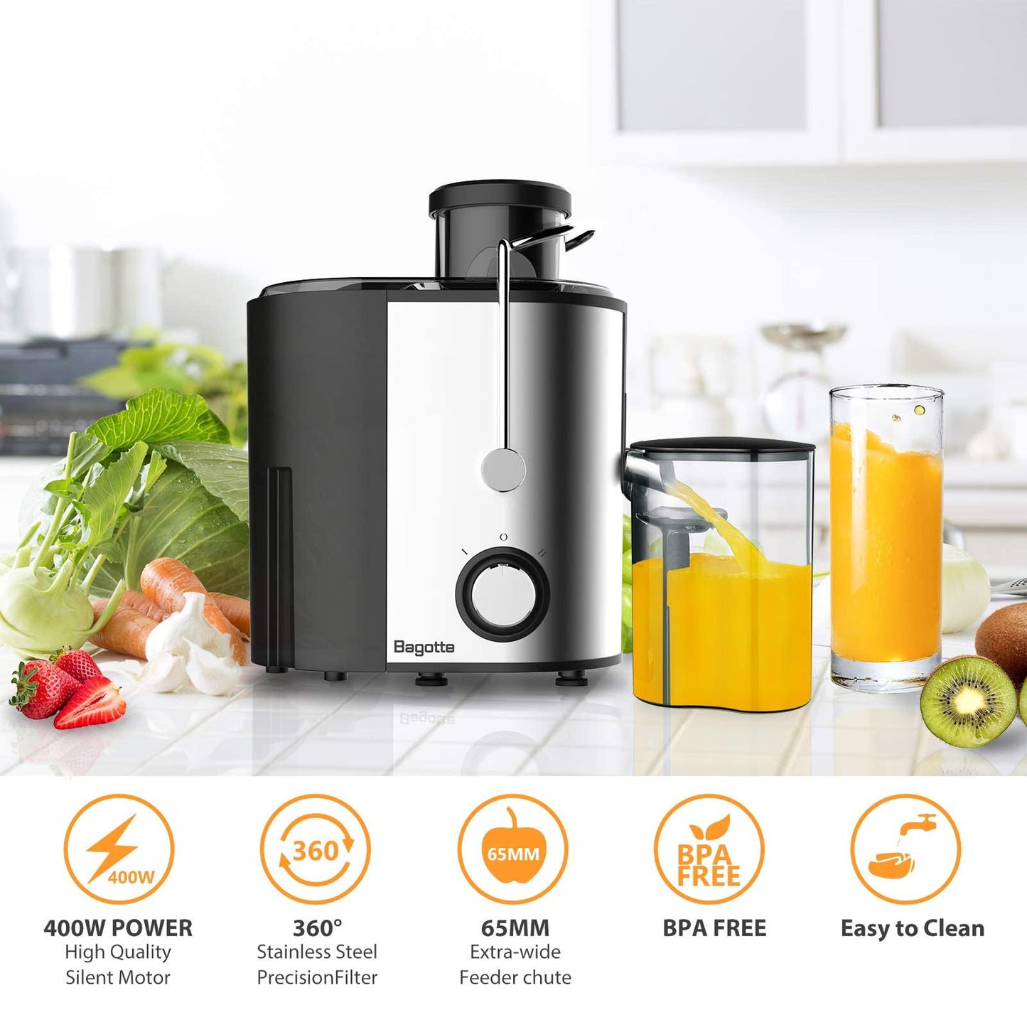 Juicer Machine, Bagotte 400W Centrifugal Juicer Extractor with 3 Speeds, 3'' Feed Chute for Fruit and Vegetable, Juicer,304 Stainless Steel,Easy to Clean,Anti-drip,BPA Free, Included Brush, DB001