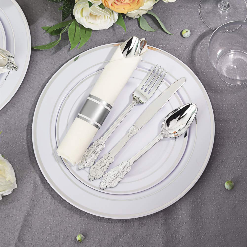 Liacere 30 Pack Silver Plastic Silverware Set with Pre Rolled Napkins - Heavy Duty Disposable Silver Plastic Utensils - Include 90PCS Silver Plastic Cutlery, 30Napkins for Wedding & Party