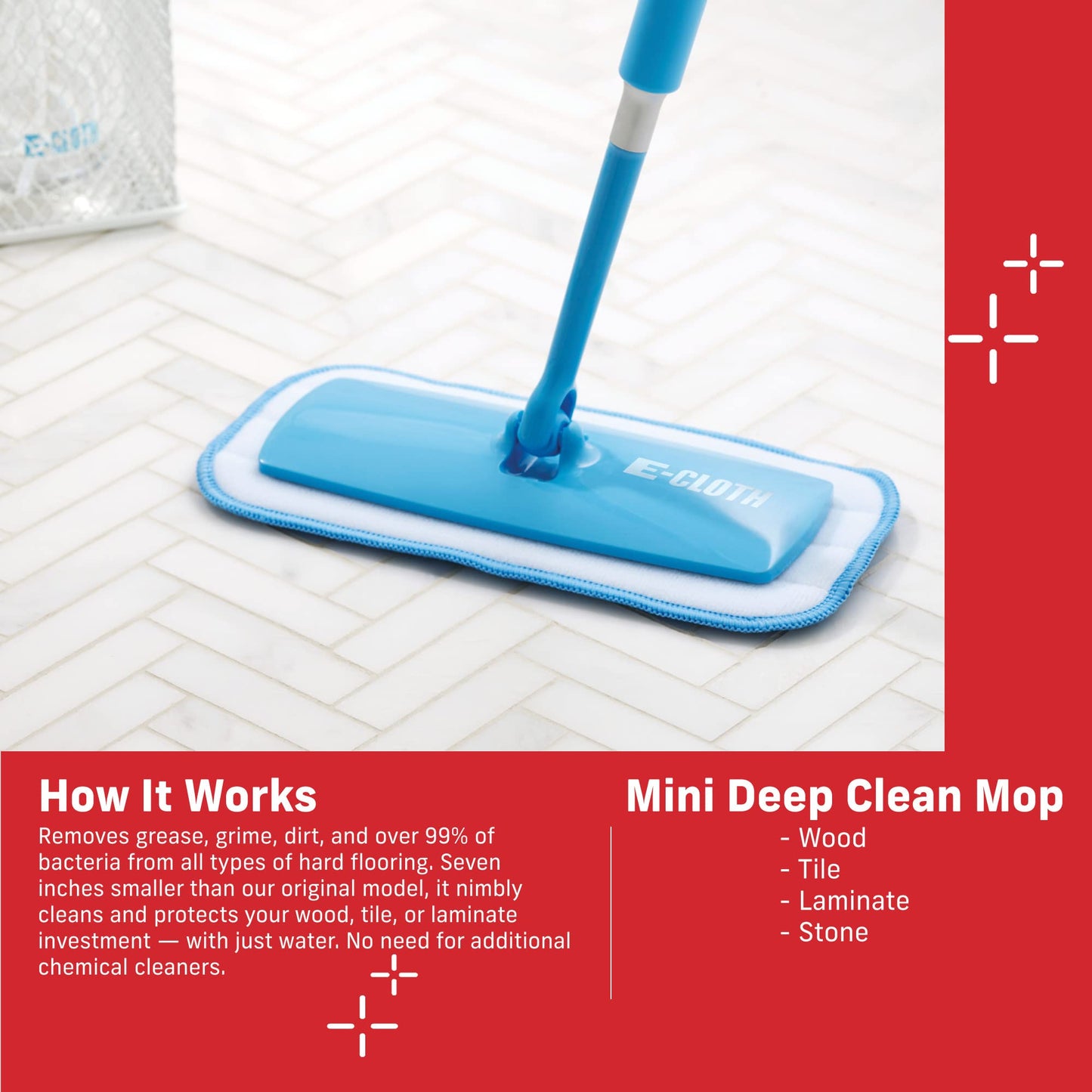 E-Cloth Mini Deep Clean Mop, Premium Microfiber Mops for Floor Cleaning, Great for Hardwood, Laminate, Tile and Stone Flooring, Washable and Reusable, 100 Wash Guarantee, 1 Pack