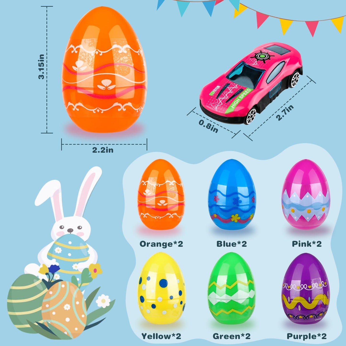 Hoarosall 12pcs Kids Easter Gifts Race Car Vehicle Toys,Prefilled Plastic Easter Eggs Gifts for Boys, Easter Eggs with Toys Inside Car Easter Toys for Kids Ages 4-8,8-12
