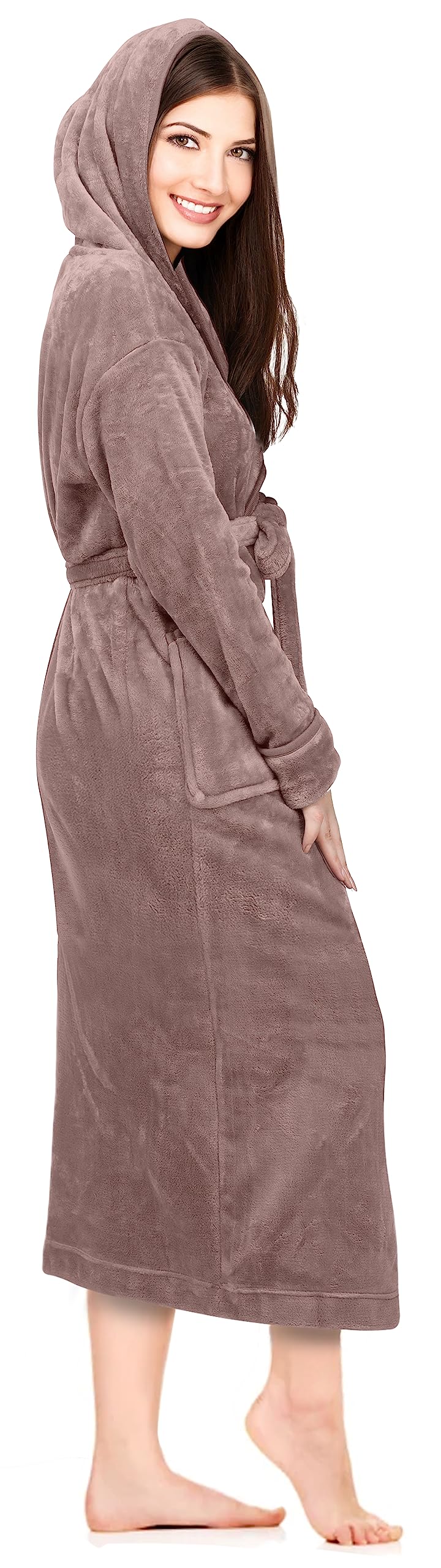 NY Threads Womens Fleece Hooded Bath Robe - Plush Long Robe, Taupe, Small