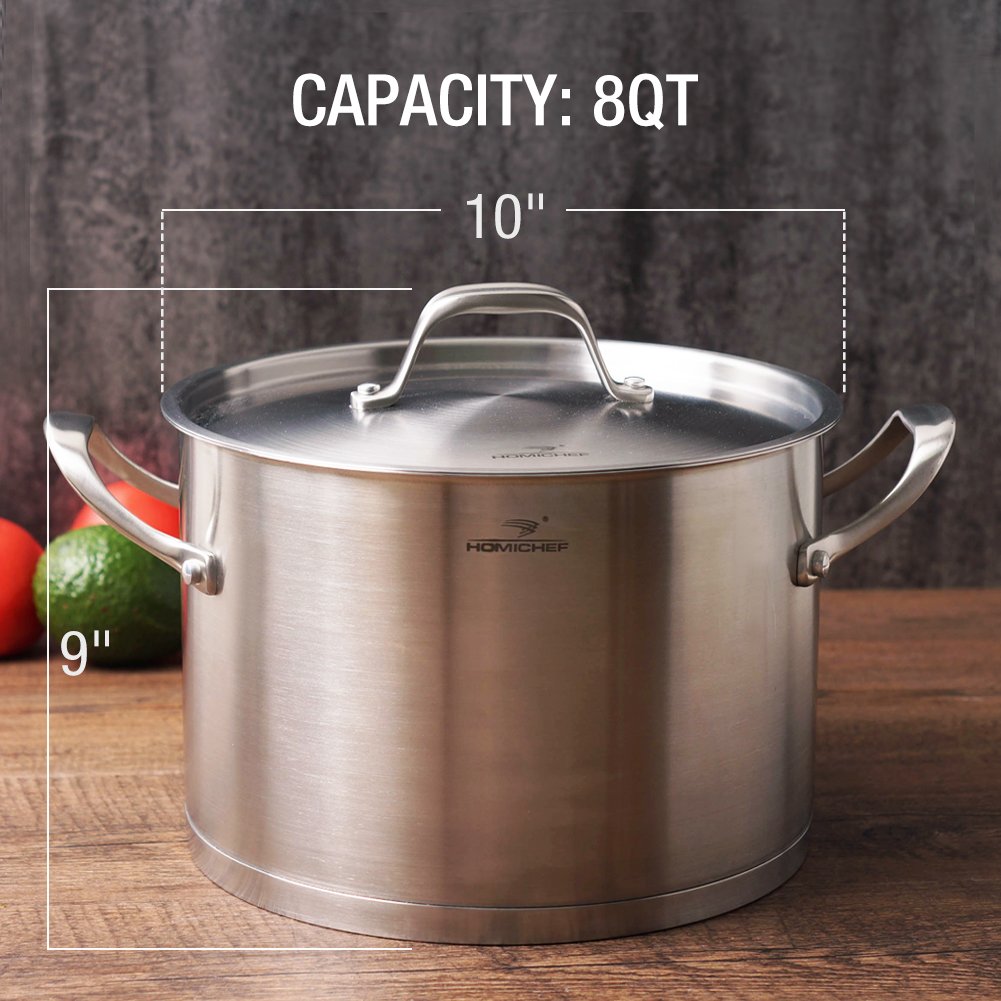 HOMI CHEF LARGE HEAVY ECOLOGICAL NICKEL FREE Stainless Steel Stock Pot 8qt w/Lid (No Toxic Non Stick Coating, 5.1LBS) - Induction Pot 8 Quart Cooking Pot Stew Pot 4 Soup Pot Dutch Oven Pot Casserole
