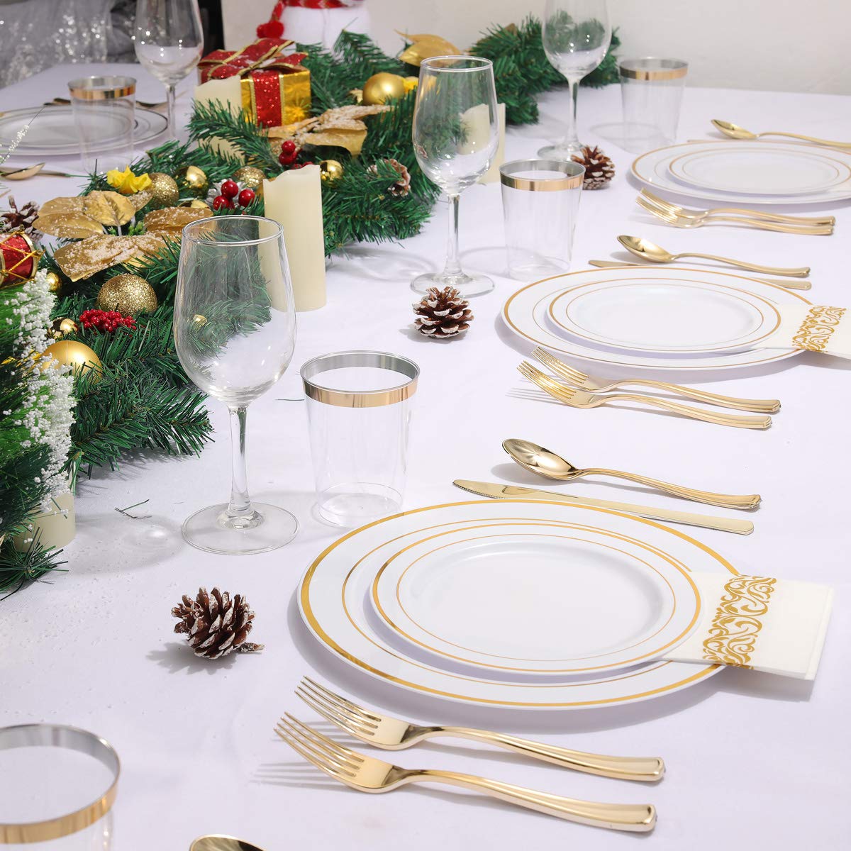 I00000 300 Pcs Gold Plastic Plates with Gold Silverware, White&Gold Plastic Dinnerware Set for Party include: 60Dinner Plates 10.25", 60Dessert Plates 7.5", 60 Gold Silverware Sets
