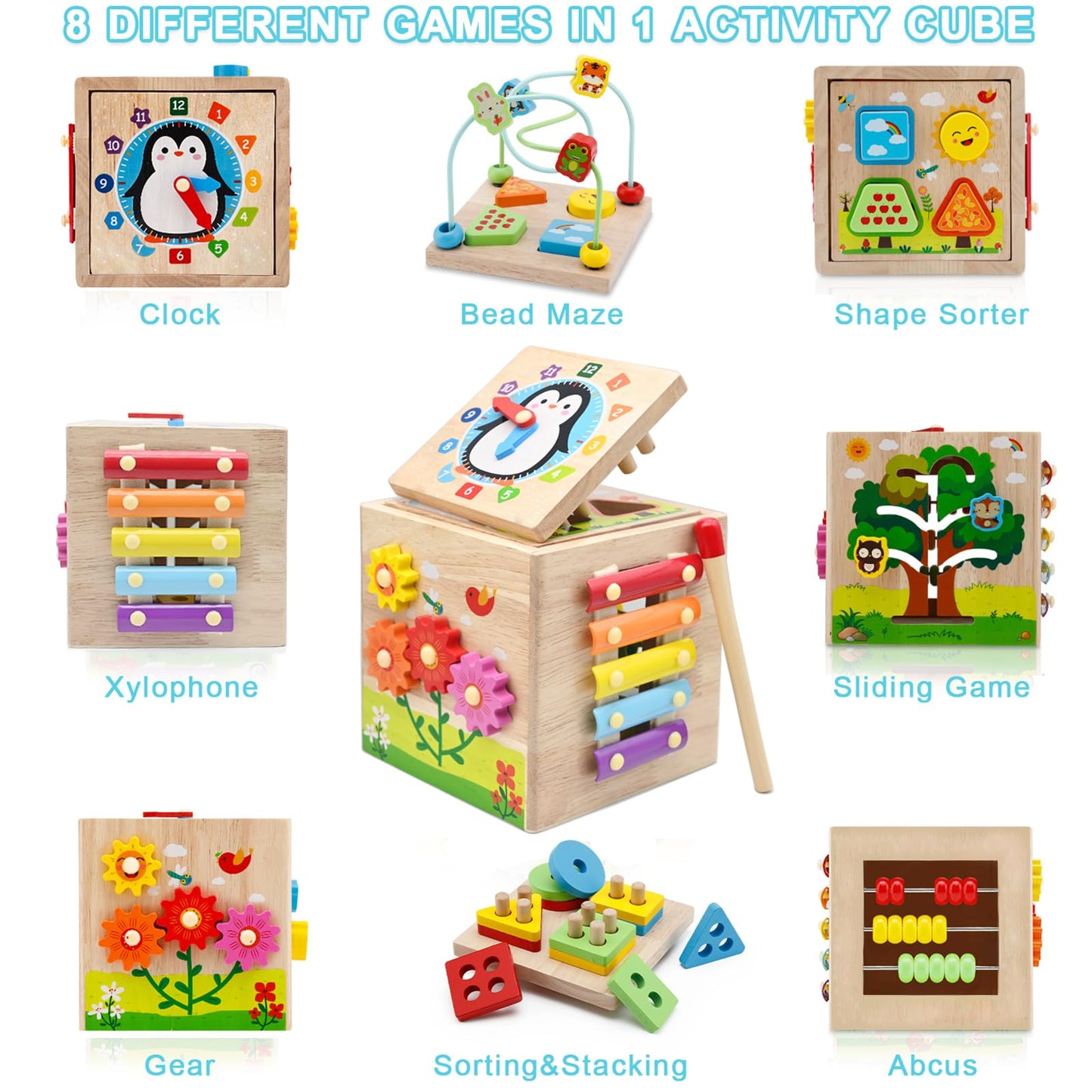 Resumplan 8-in-1 Baby Activity Cube โ Premium Wooden Activity Cube Featuring Shape Sorting, Stacking Blocks, Xylophone, Wooden Montessori Toys for Baby, Educational Learning Toys for Toddlers