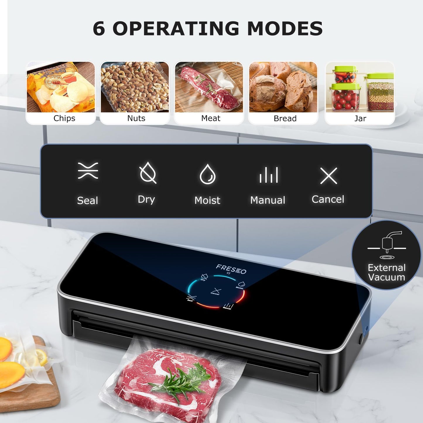 FRESKO Upgraded Fully Automatic Vacuum Sealer, Hands-Free Food Vacuum Sealer without Flipping the Lid, Easy-to-Use Touch Operation with Visual Progress Bar, ETL Certified