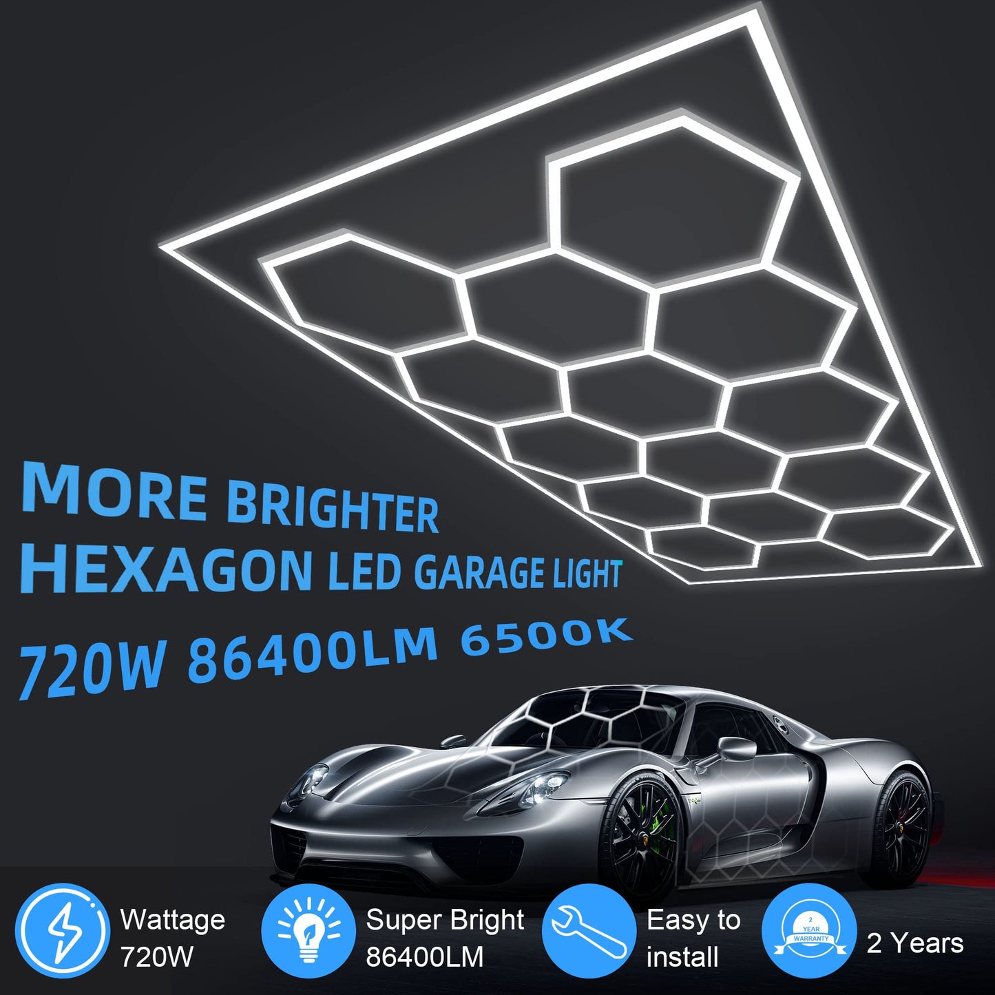 MODERN Hexagon Garage Light: Higher Brightness 720W 86400 Lumens Hexagon Led Garage Light with Rectangle Border 6500K for Garage, Basement, Warehouse, Auto Beauty Shop, Car Detailing Shop etc.