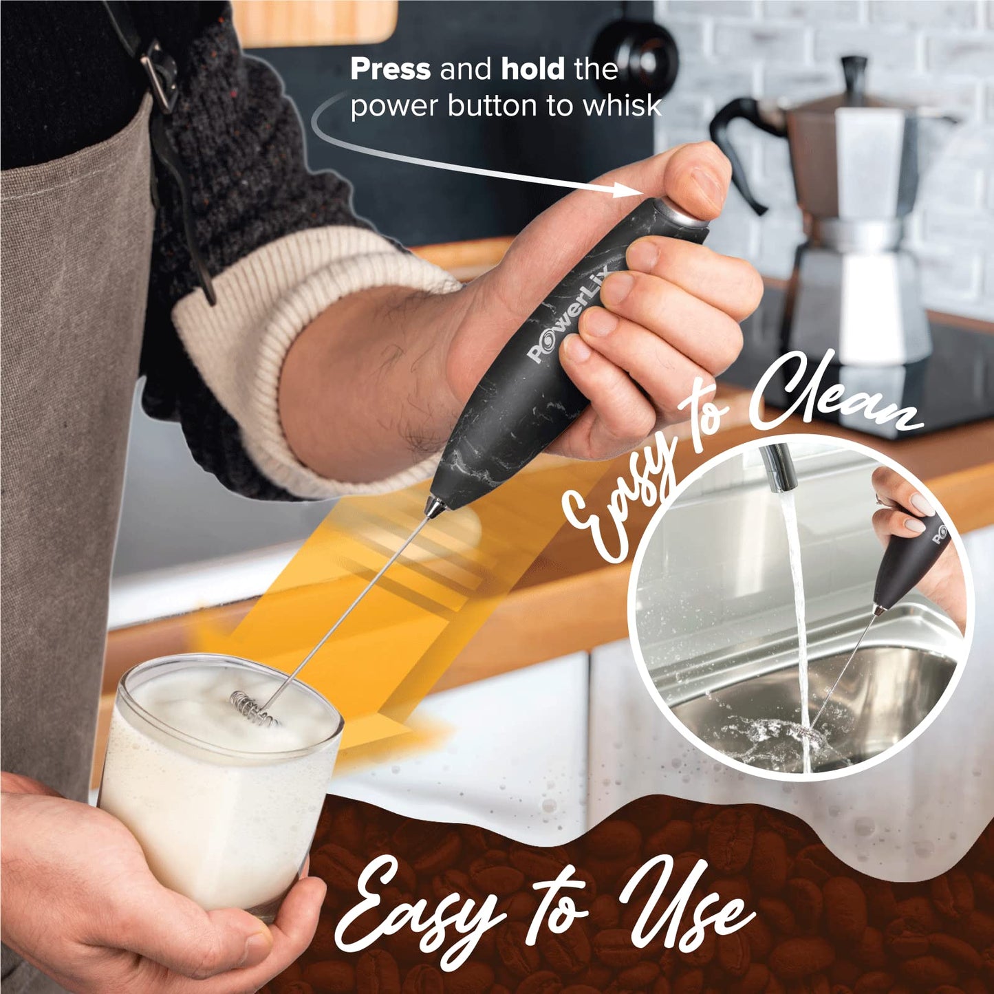 PowerLix Milk Frother Handheld Battery Operated Electric Whisk Foam Maker For Coffee, Latte, Cappuccino, Hot Chocolate, Durable Mini Drink Mixer With Stainless Steel Stand Included (Black Marble)