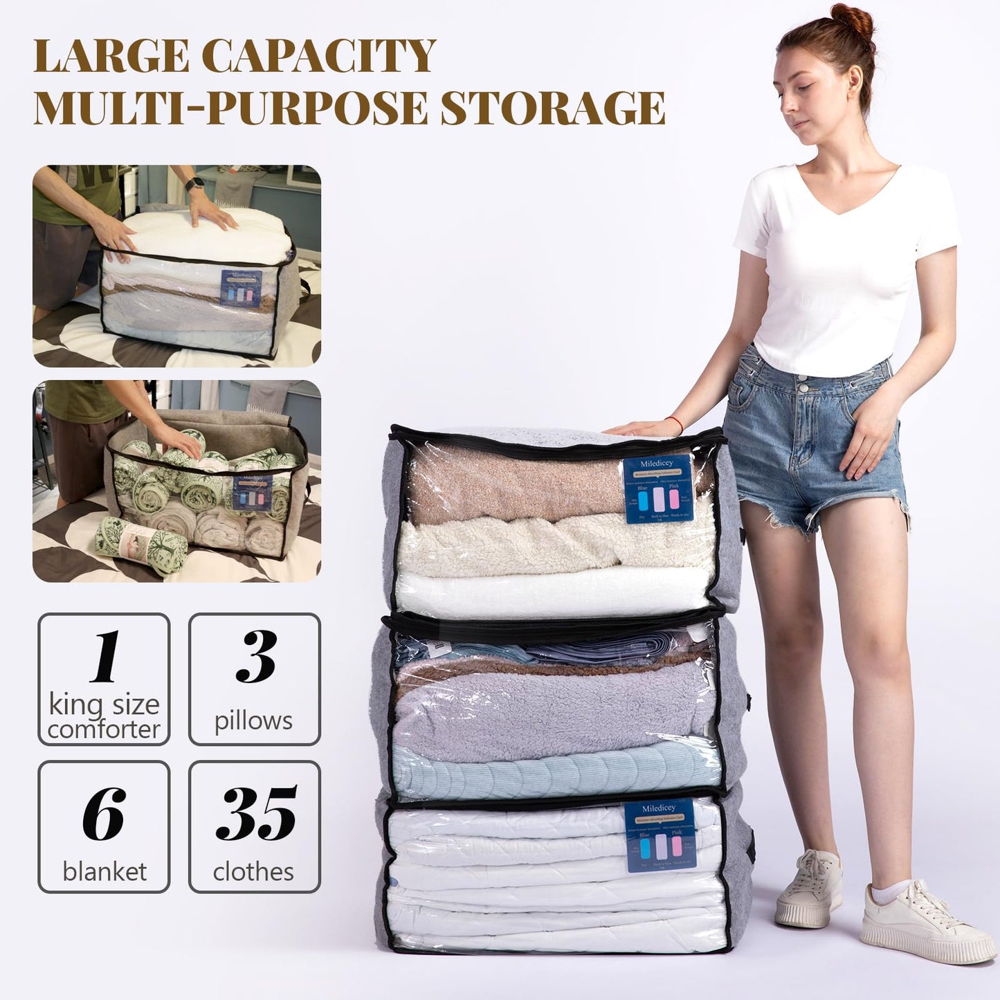 Miledicey 3-Ply Upgraded Cloth Bags for Blanket with Humidity Indicator (3 packs) | 90L Large Capacity Clothes Containers for Storing Comforter | Dust Proof Closet Orgnizer