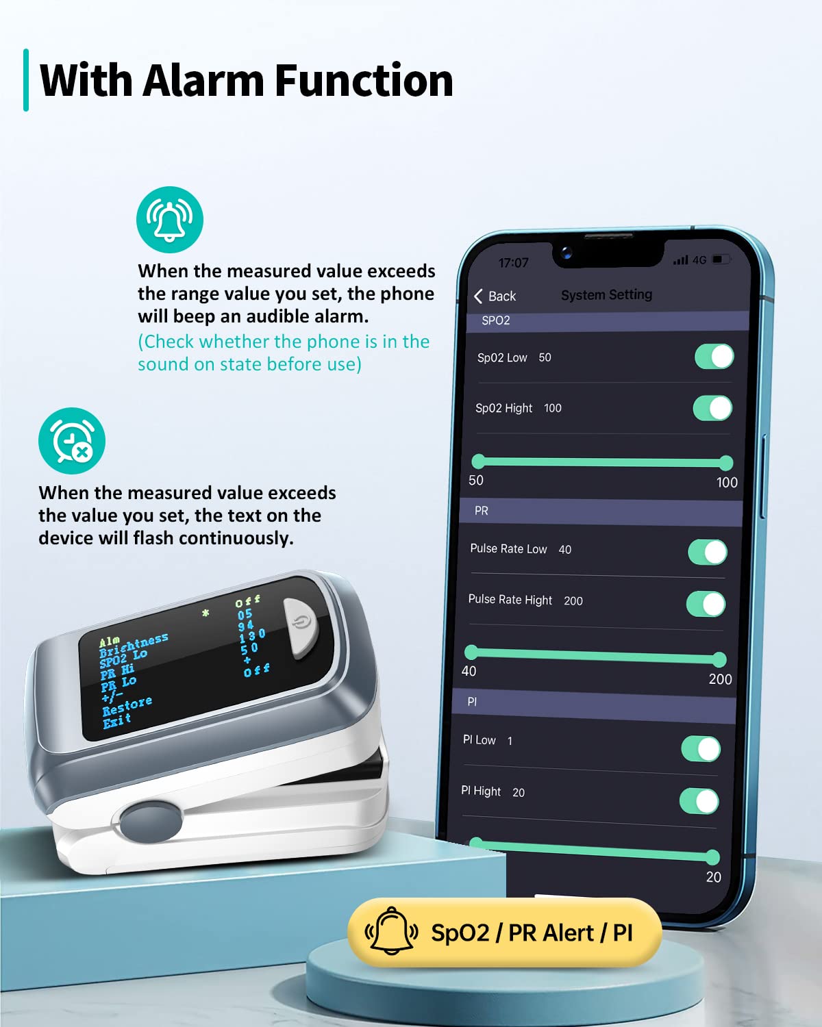 HealthTree Bluetooth Pulse Oximeter Fingertip, Blood Oxygen Saturation Monitor and Heart Rate Monitor with Free APP, for Apple and Android, 2 X AAA Batteries, Lanyard