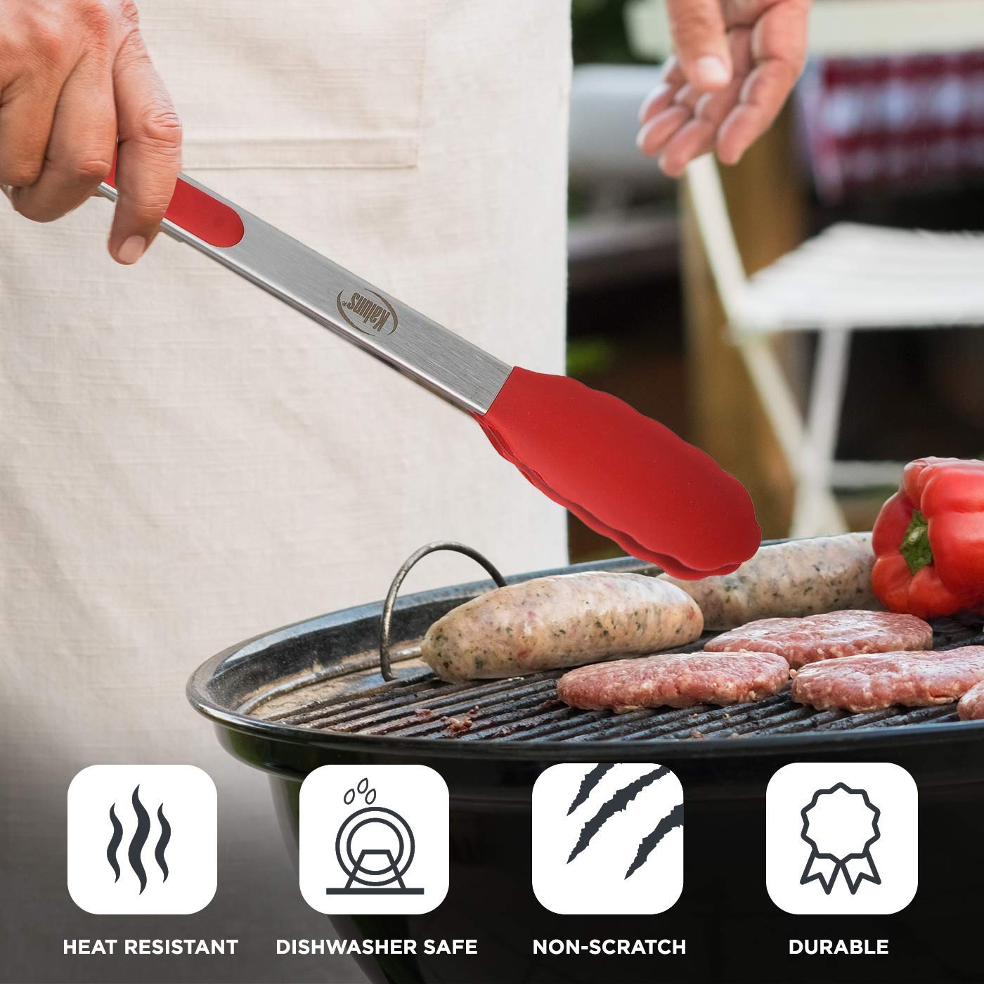 Kaluns Kitchen Tongs for Cooking Grilling Set of 4, BBQ Grill Tongs With Silicone Tip Stainless Steel Heat Resistant, Non-stick Pull Lock, Incl 7, 9, 12 Inch Tong Plus a Silicone Spatula