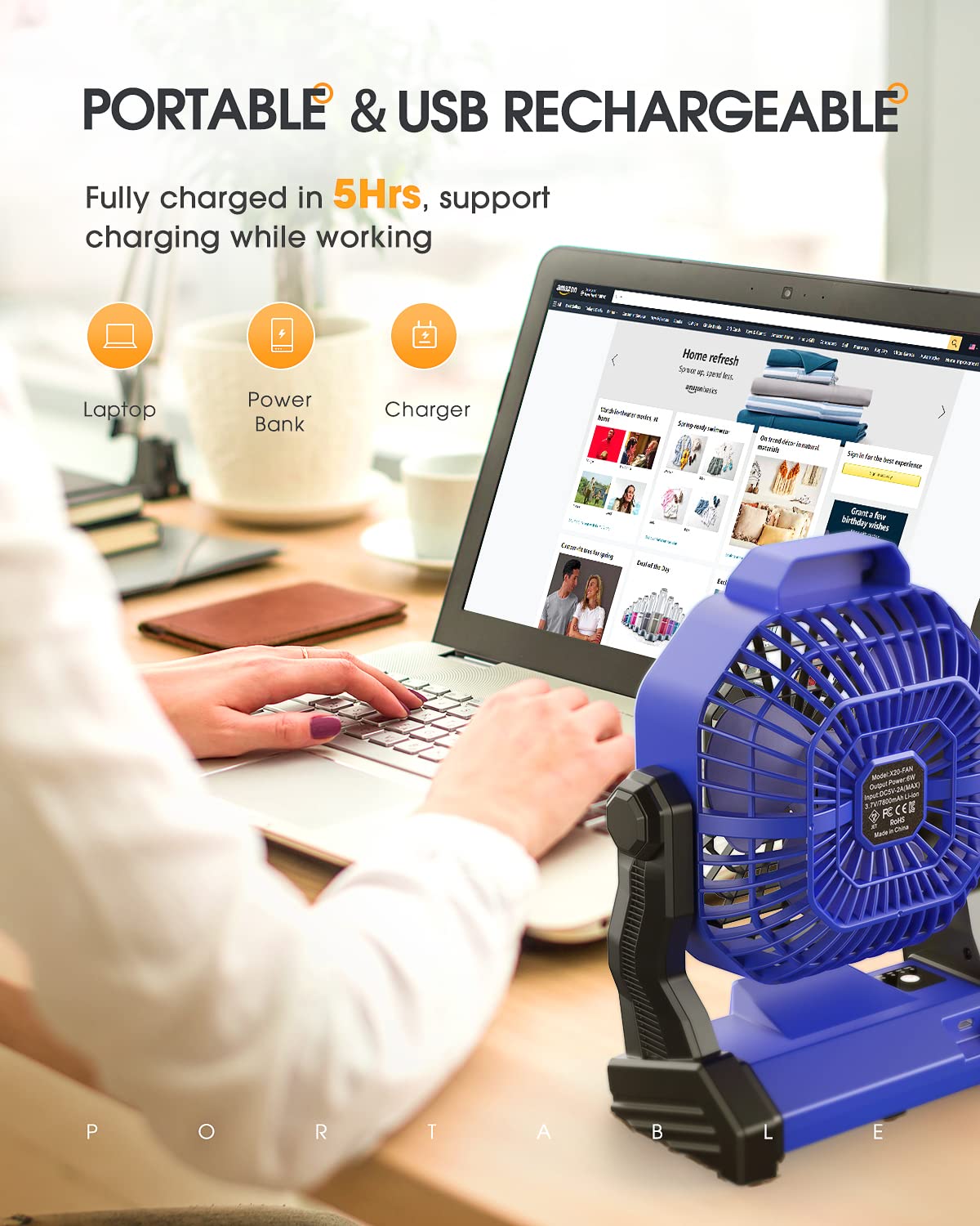 Drchop Portable Fan Rechargeable, 10400mAh Battery Operated Powered Fan, Outdoor Camping Fan with Light & Hook, tent fan, Personal USB Desk Fan for Bedroom, Table, Home, Office, Tent, Travel