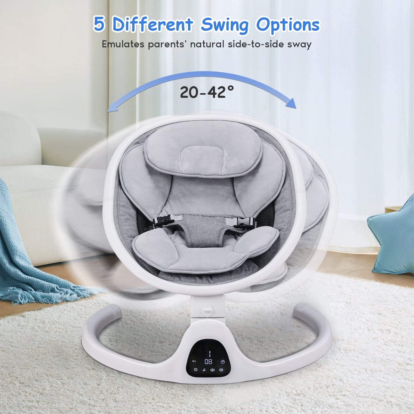 Baby Swing, Newborn Essentials Baby Must Haves Bouncer with Mat & Pillow for Infants 0-12 Months, 5 Speeds, Remote/Touch Control, Indoor & Outdoor Use