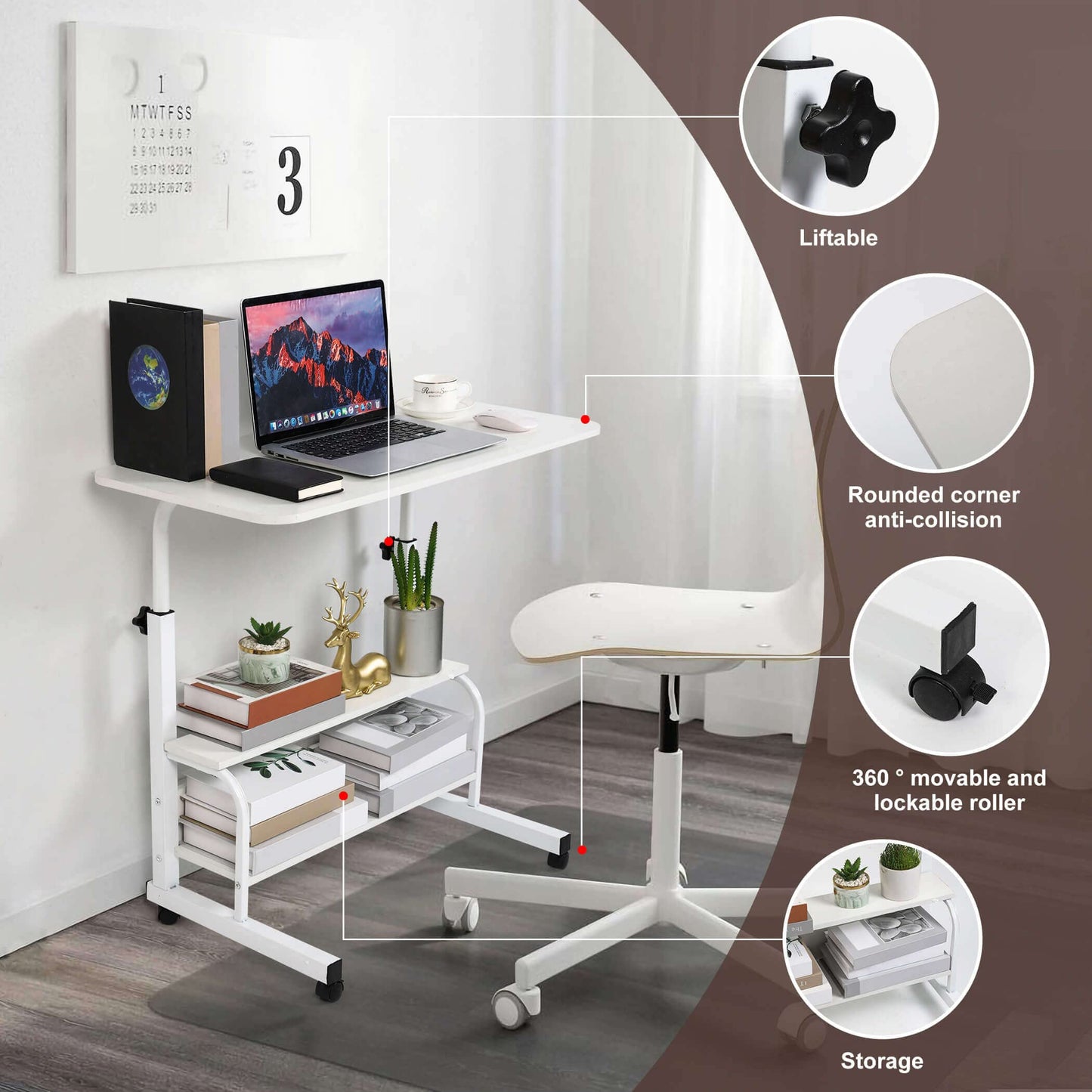 Bedroom Bedside Storage Rack Table Small Spaces Home Office Desk Height Adjustable Home Office Desk Multifunctional Table with Wheels Minimalist Portable Laptop Gaming Desk Size 15.7*31.5 Inch White