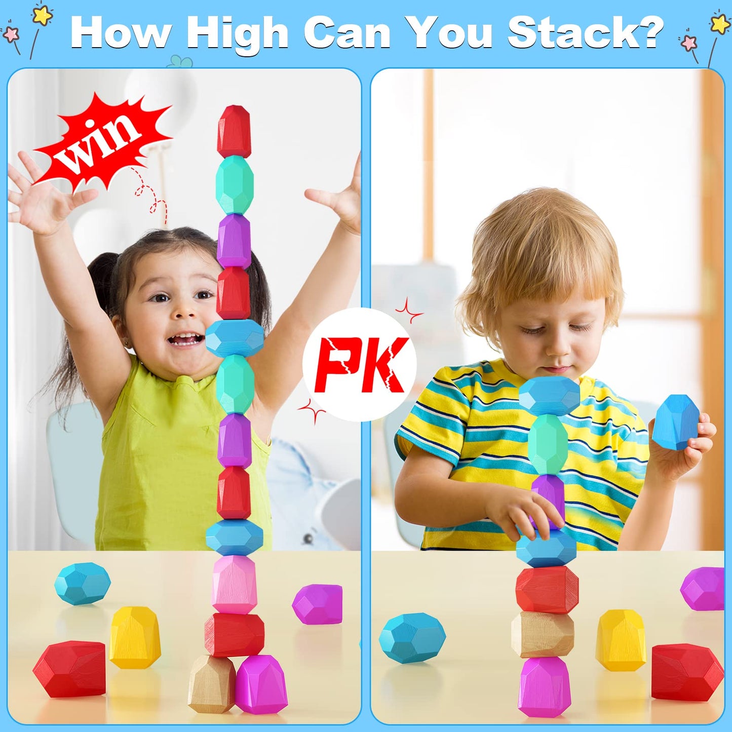 IGIVI Montessori Toys Rainbow Wooden Stacking Rock Set - 42 Natural Wood Blocks - Early Learning Sensory Toys for Toddlers - Birthday Gifts Toys for 2-4 Year Old Boys & Girls