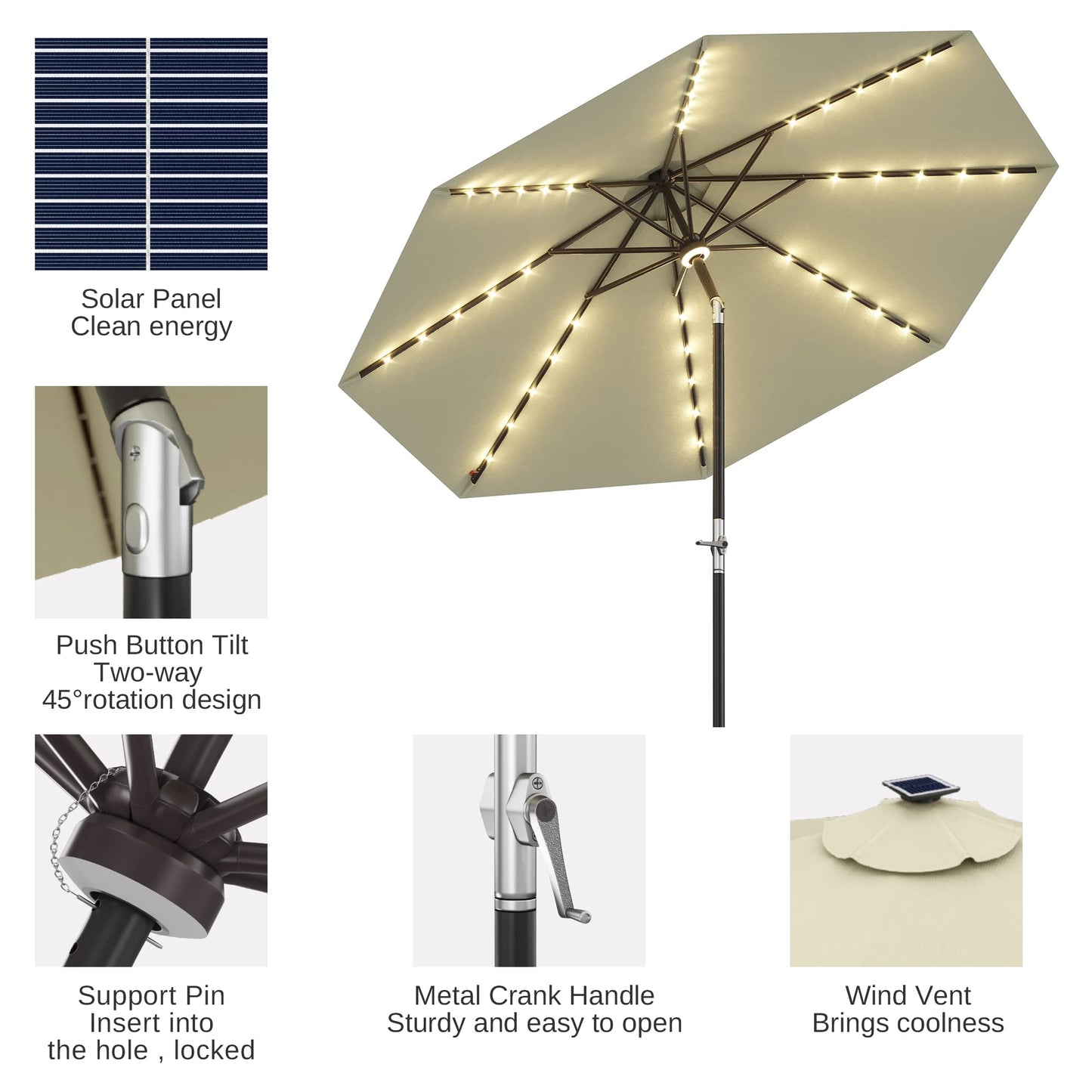 EAST OAK Patio Umbrella, 9 ft Outdoor Table Umbrella with 40 LED Solar Lights of Waterproof and UV 30+ Fade Resistant for Garden, Deck, Backyard, Pool and Beach, Beige