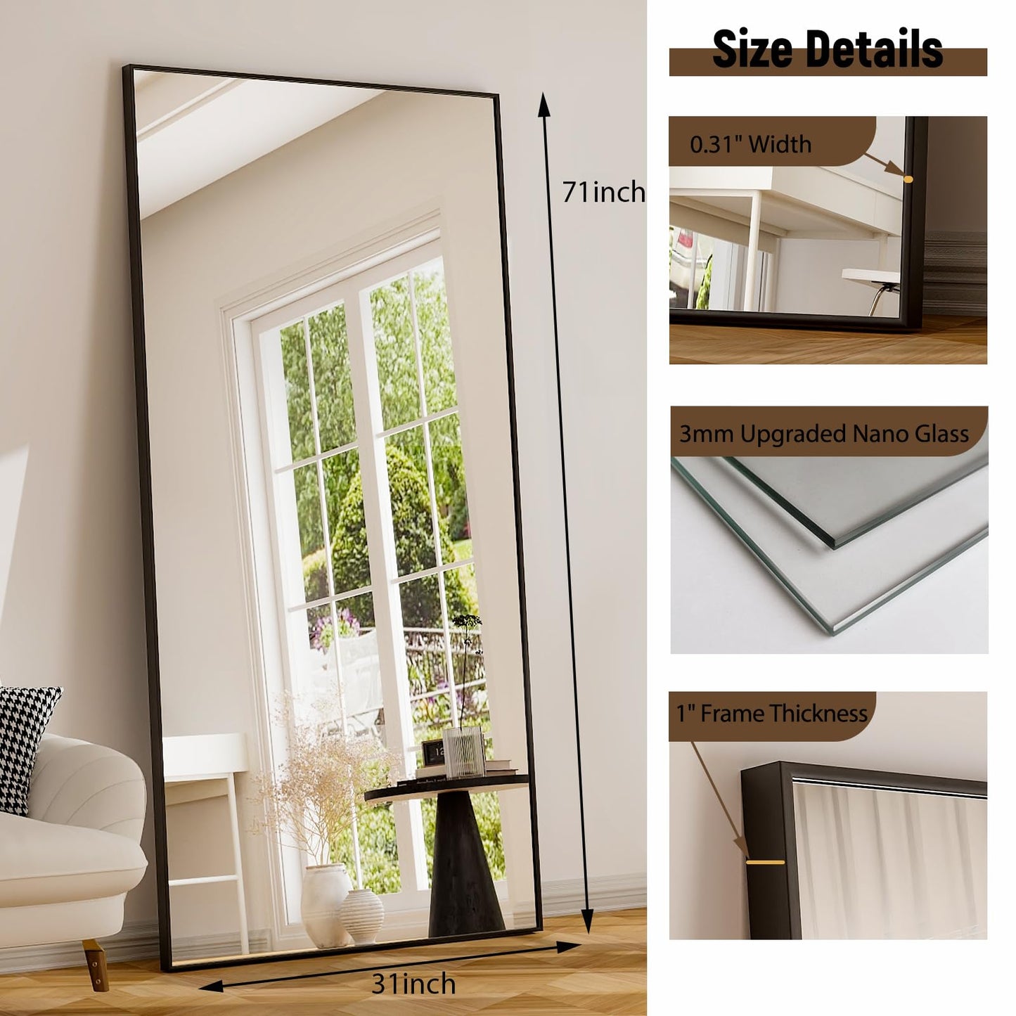 GLSLAND 71"x31" Full Length Mirror Extra Large Hanging or Leaning Rectangle Mirror Aluminum Alloy Thin Frame Bedroom Floor Dressing,Black