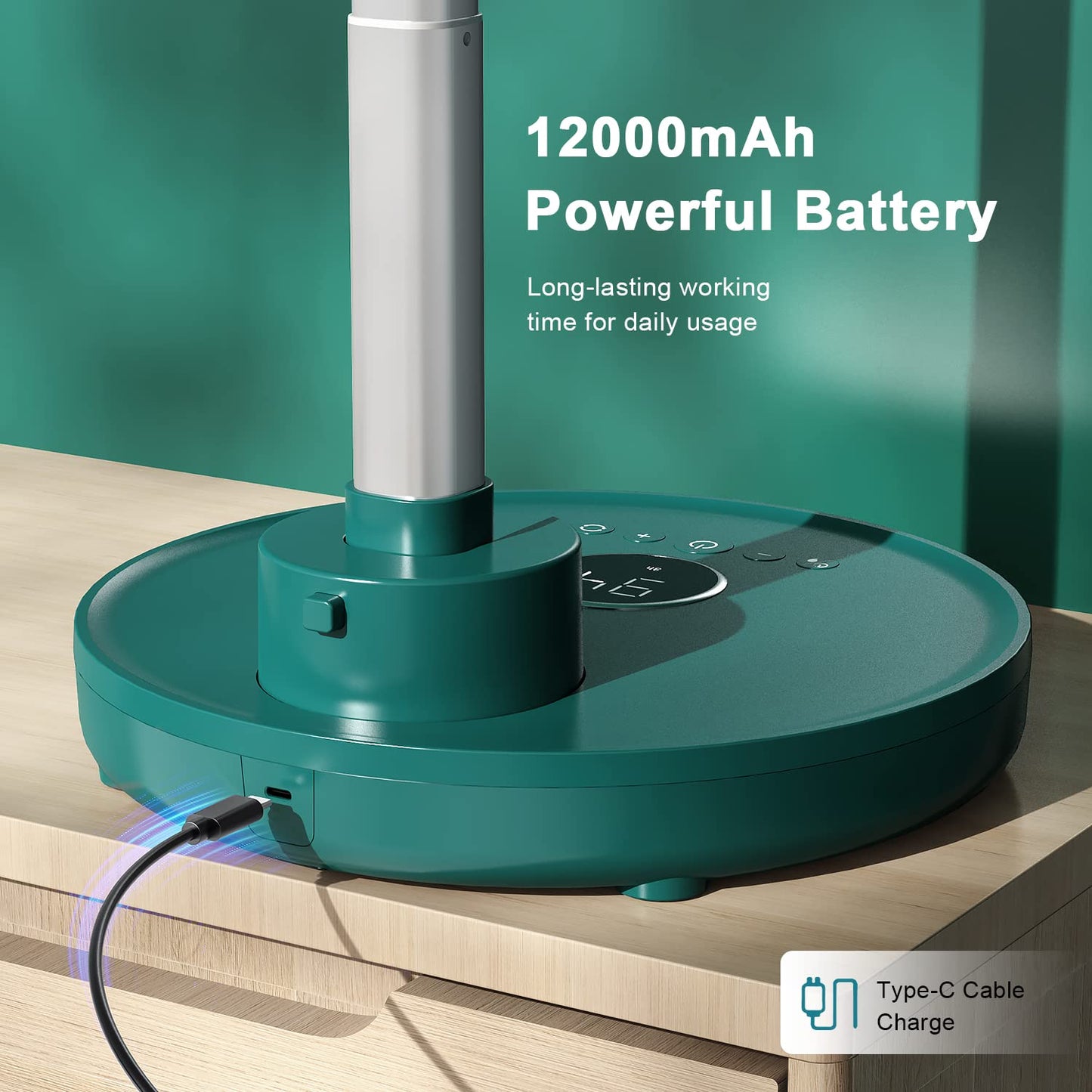 Aluan 12" Quiet Oscillating Fan with 12000mAh Rechargeable Battery, Foldaway Standing/Table Fan with Remote Control, 6 Speeds Portable Pedestal Fan with Adjustable Height for Home Travel, Dark Green