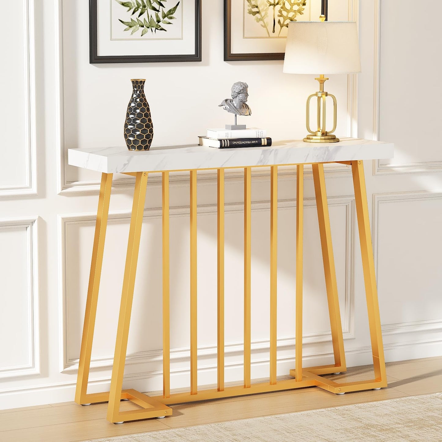 HDDDZSW Gold Entryway Table, Modern 40 inch Faux Marble Narrow Sofa Table Entry Way Table with Geometric Metal Legs for Living Room, Console Tables for Entryway, Hallyway, Entrance