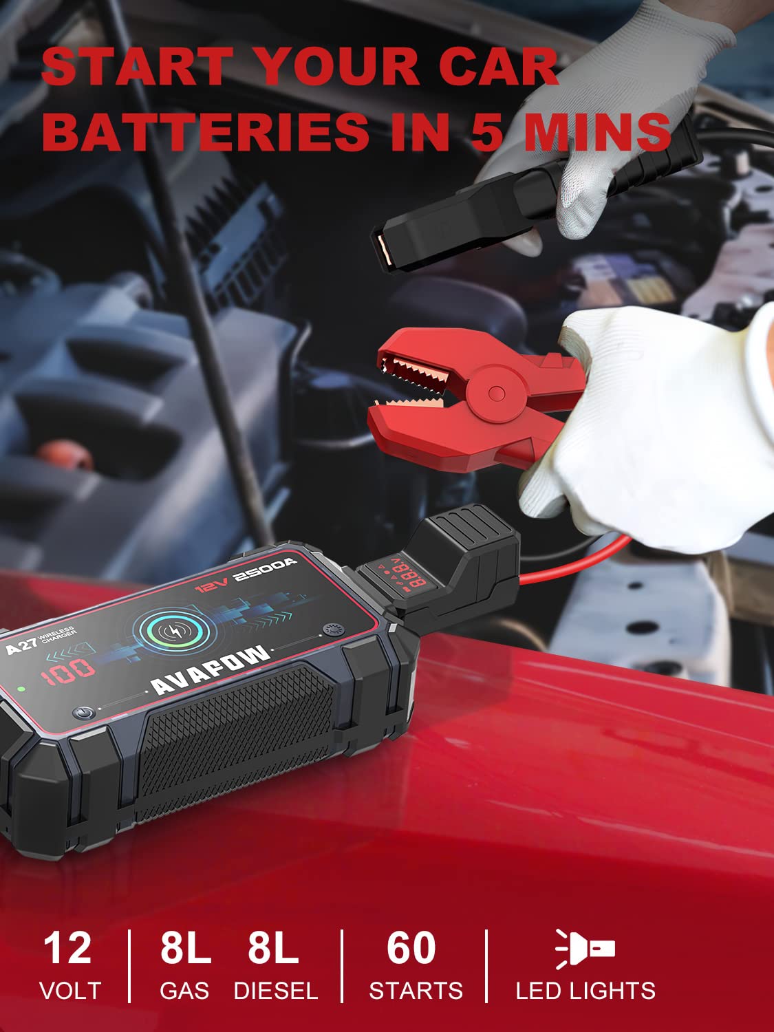 AVAPOW Jump Starter Car Battery 2500A Peak,Portable Jump Starters for Up to 8L Gas 8L Diesel Engine with Booster Function,Wireless Charging Design,12V Lithium Jump Pack with Smart Safety Clamp, IP65