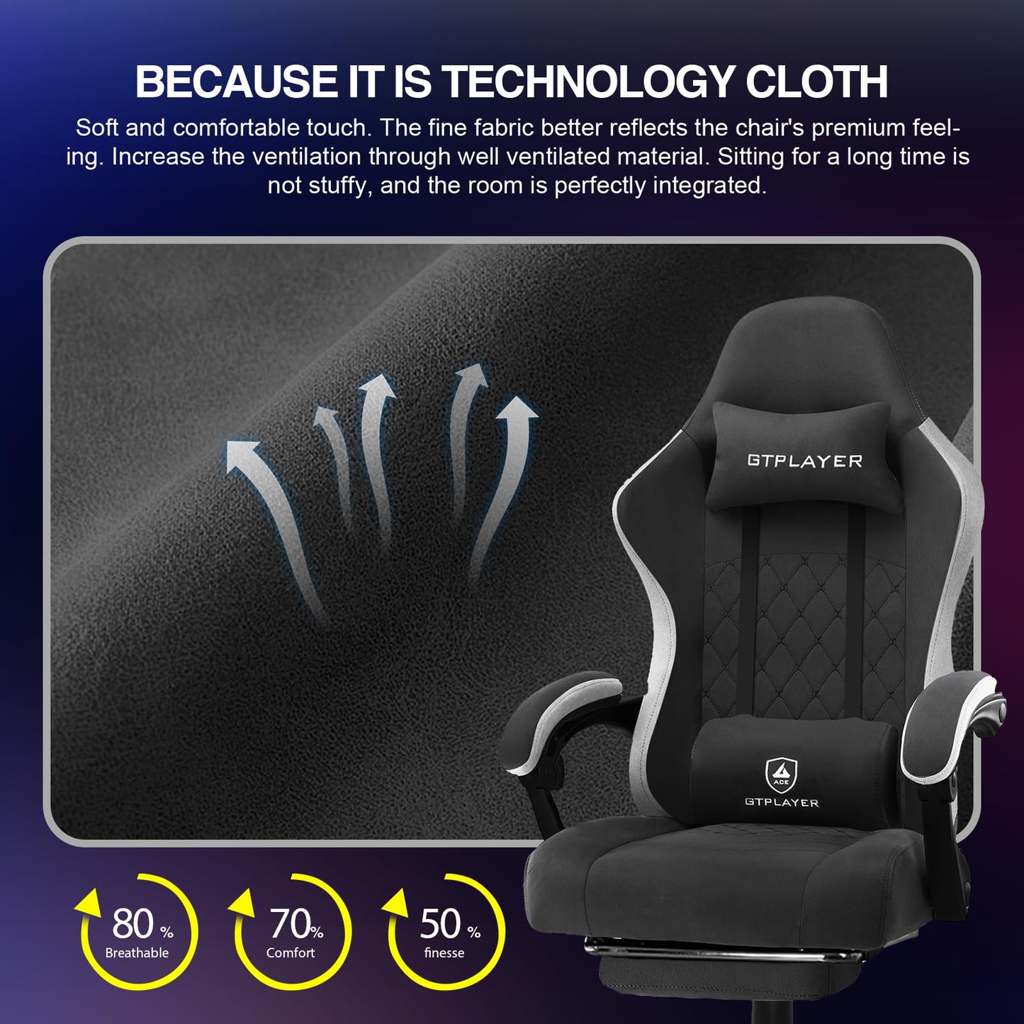 GTPLAYER Gaming Chair with Footrest Fabric Office Chair with Pocket Spring Cushion and Linkage Armrests, High Back Ergonomic Computer Chair with Lumbar Support Task Chair (Black)