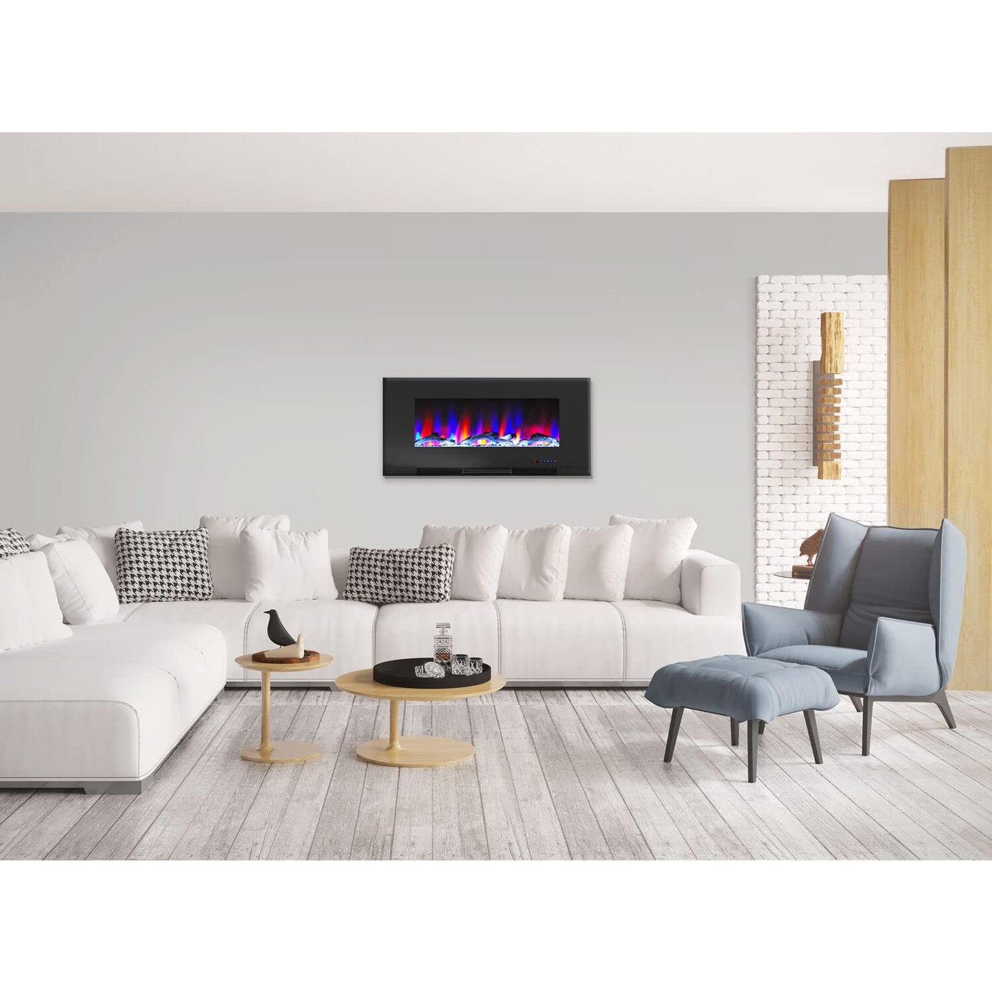 Cambridge 42 In. Electric Wall Mounted Fireplace Heater in Black with Multi-color Flame Driftwood Log Display, Adjustable Heat, Remote