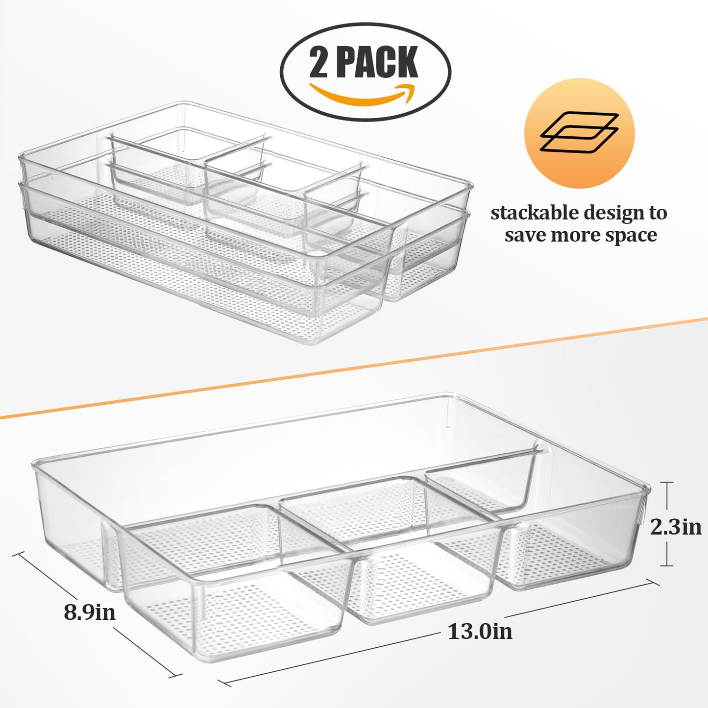 CherHome Drawer Organizer,2PCS Clear Organization and Storage Set,Desk Drawer Organizer Food Snack Organizer,Plastic Organizer Bins for Kitchen Drawer,Bathroom,Makeup and Office(13 X 8.9 X 2.3in)