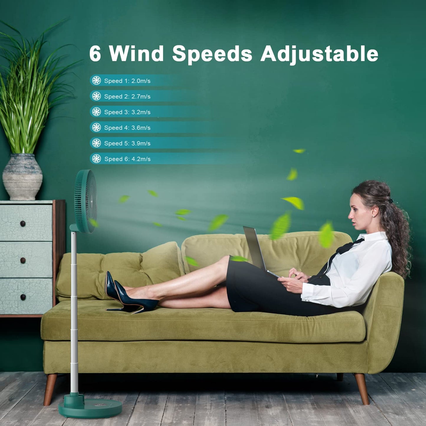 Aluan 12" Quiet Oscillating Fan with 12000mAh Rechargeable Battery, Foldaway Standing/Table Fan with Remote Control, 6 Speeds Portable Pedestal Fan with Adjustable Height for Home Travel, Dark Green